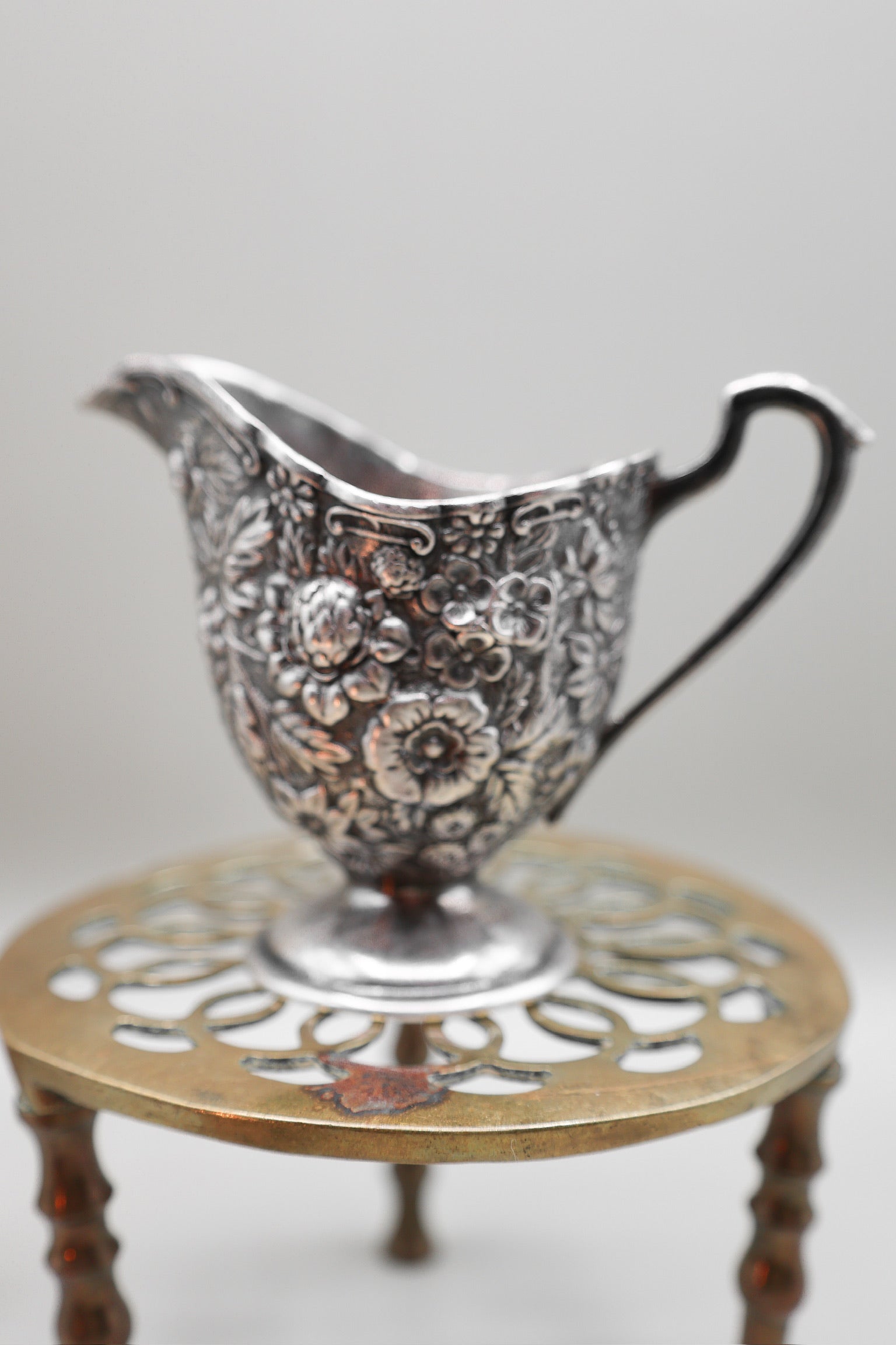 Silver Plated Japanese Mini Sugar Dish & Creamer With Flower Detailing