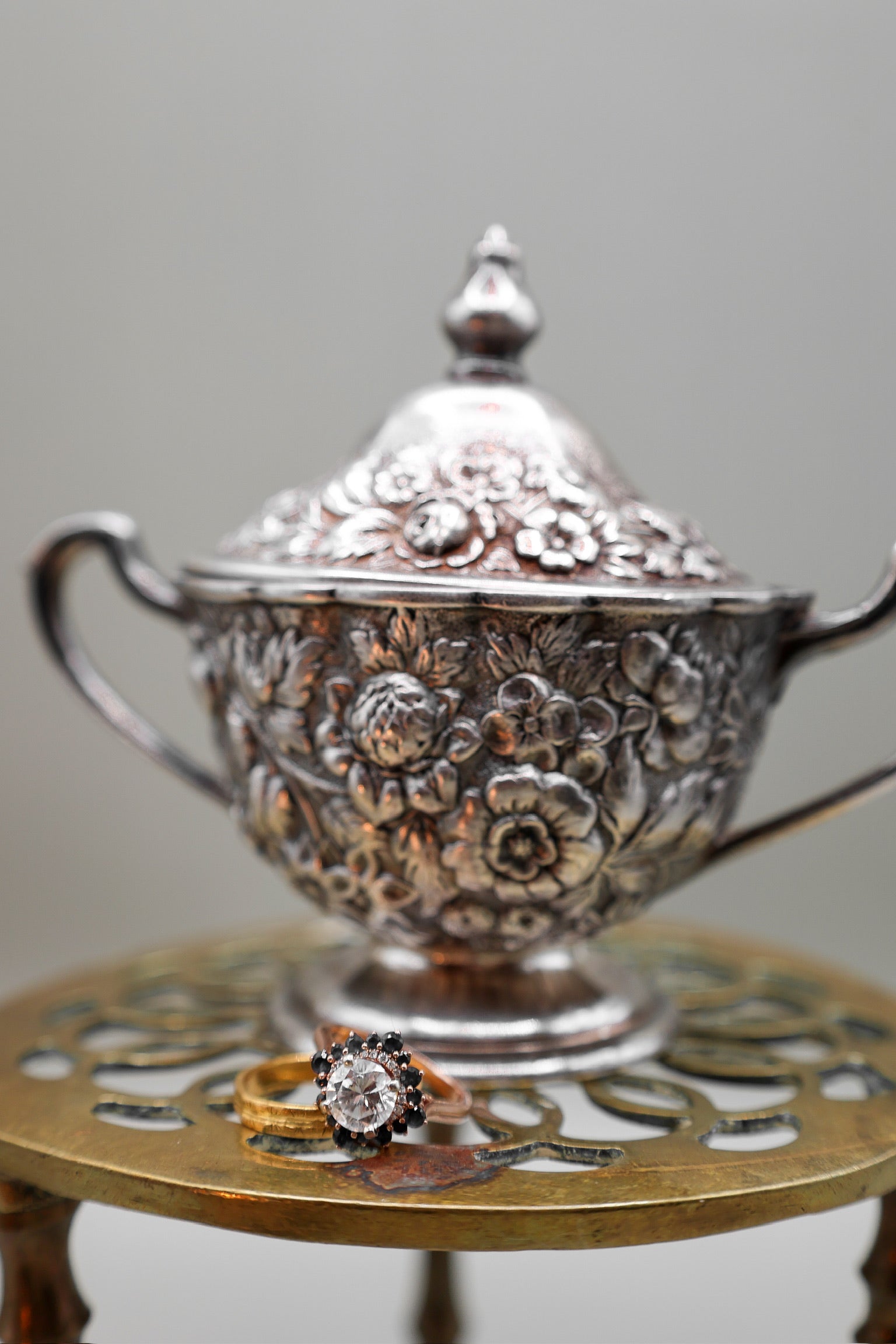 Silver Plated Japanese Mini Sugar Dish & Creamer With Flower Detailing