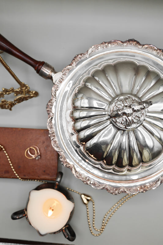 Old English Silver Plated Lidded Chafing Dish With Wooden Handle