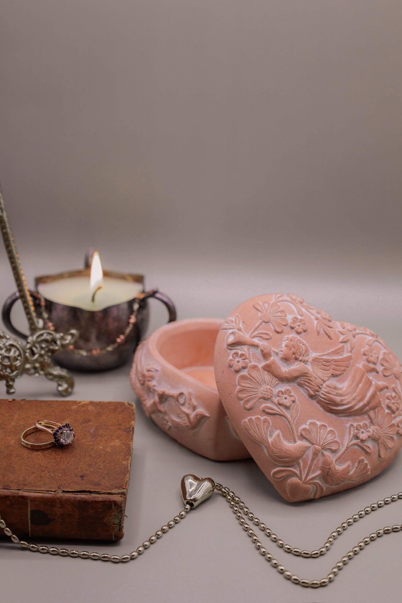 Terracotta Heart Lidded Dish With Cherub Details