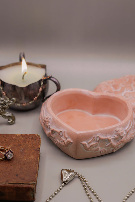 Terracotta Heart Lidded Dish With Cherub Details