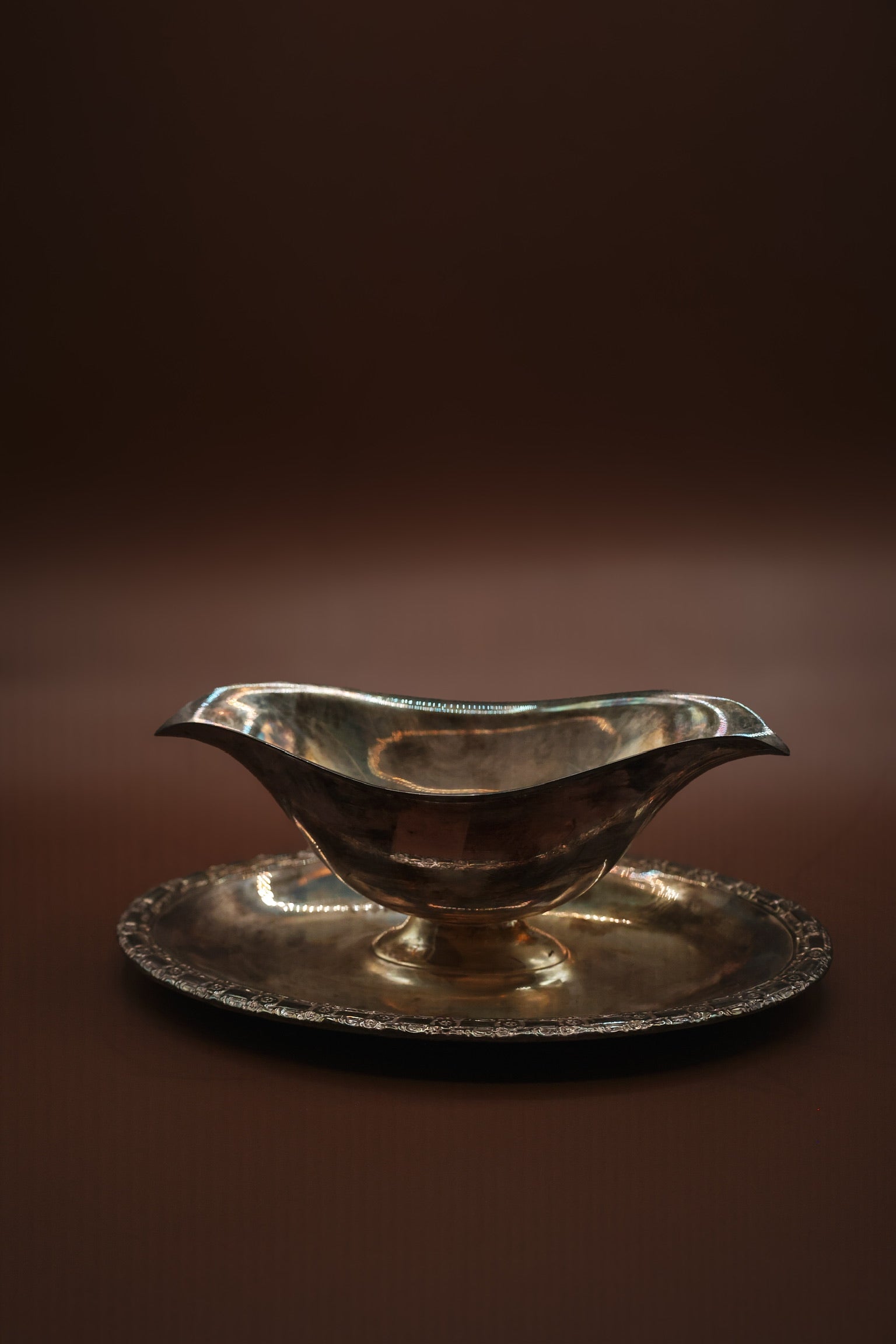 Silver Plated Gravy Boat With Attached Plate