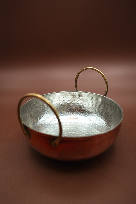 Copper Hammered Bowl With Brass Handles