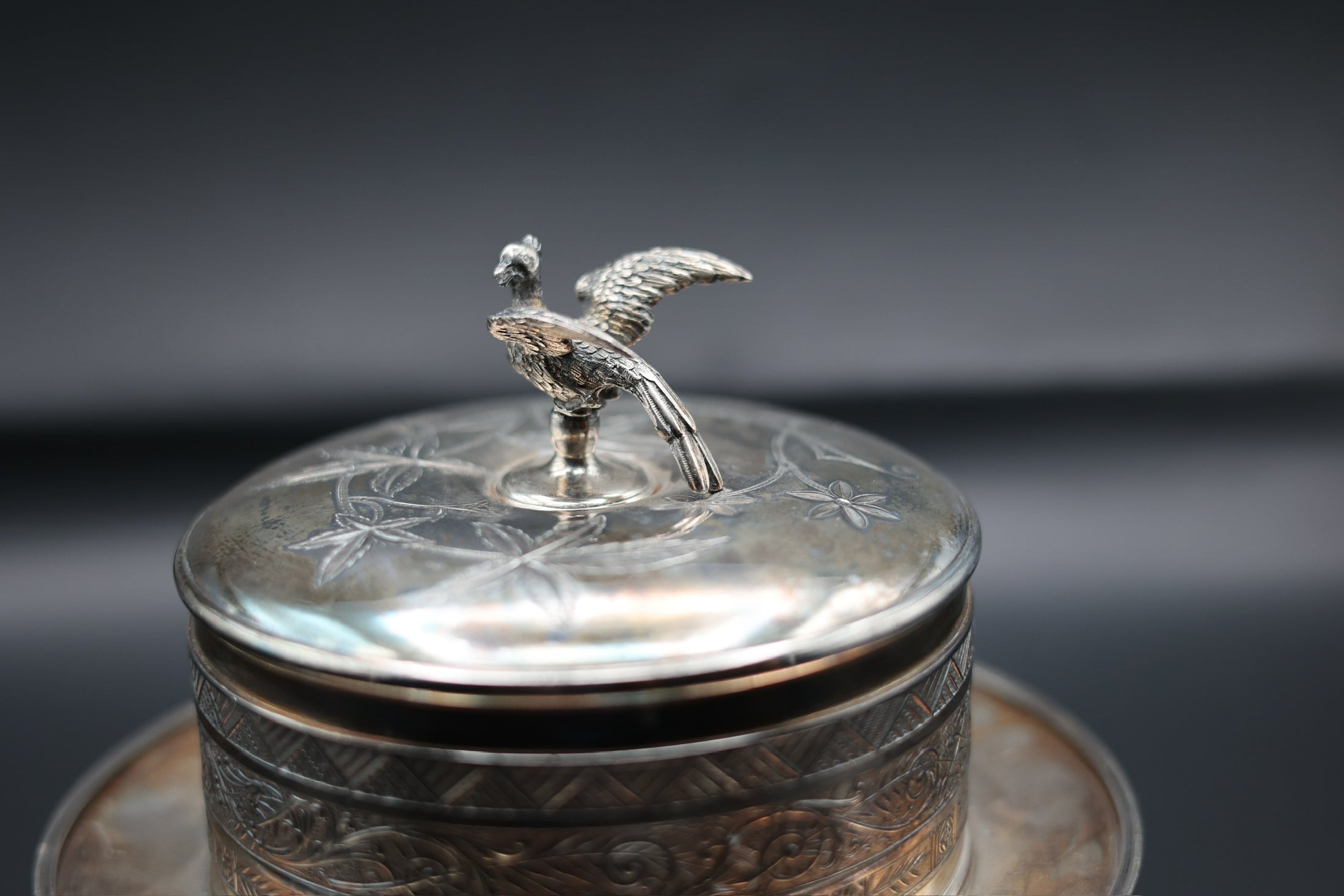 Pairpoint Quadruple Silver Plated Butter Dish With Bird Finial