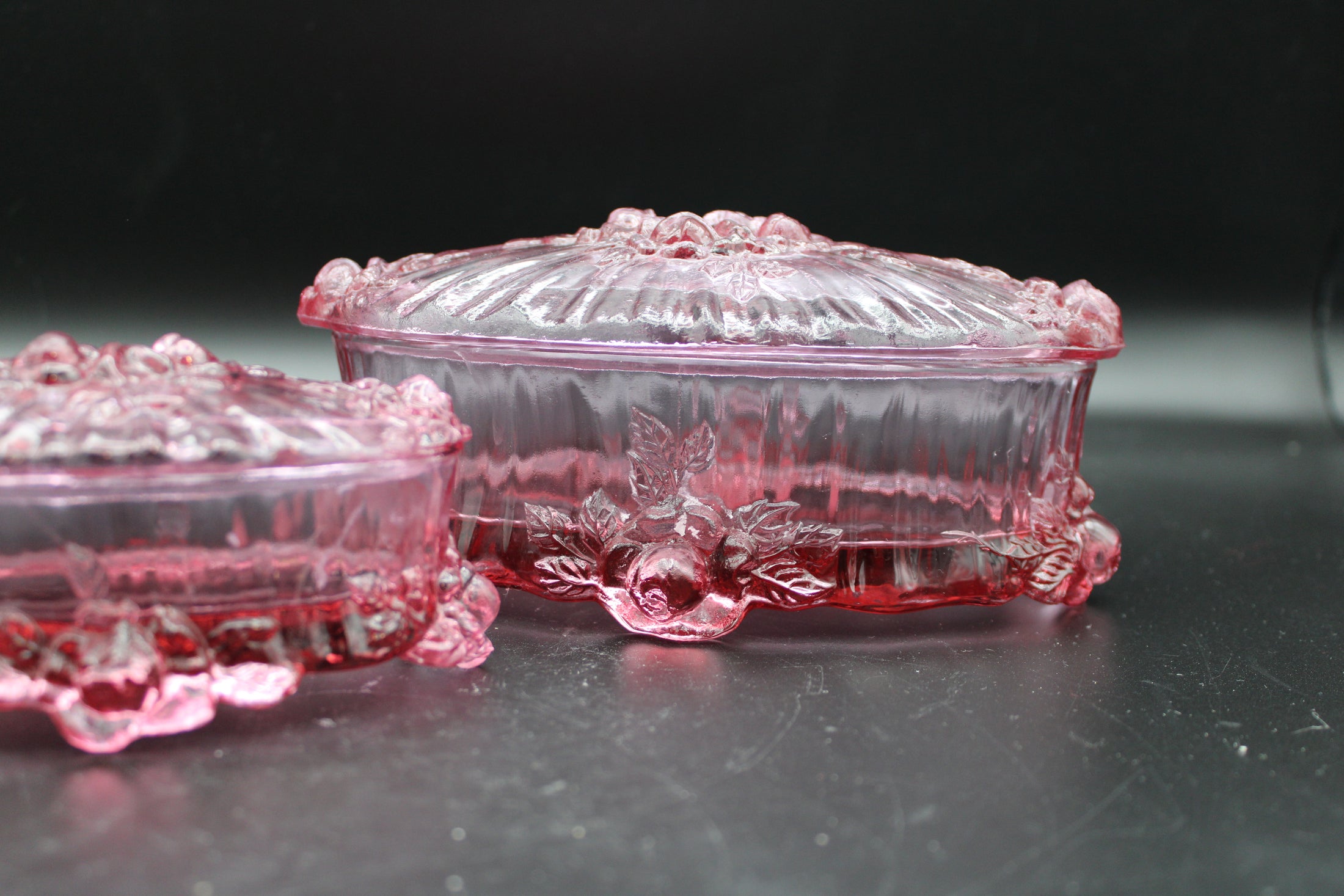 Fenton Dusty Rose Cabbage Rose Lidded Trinket Dish Set