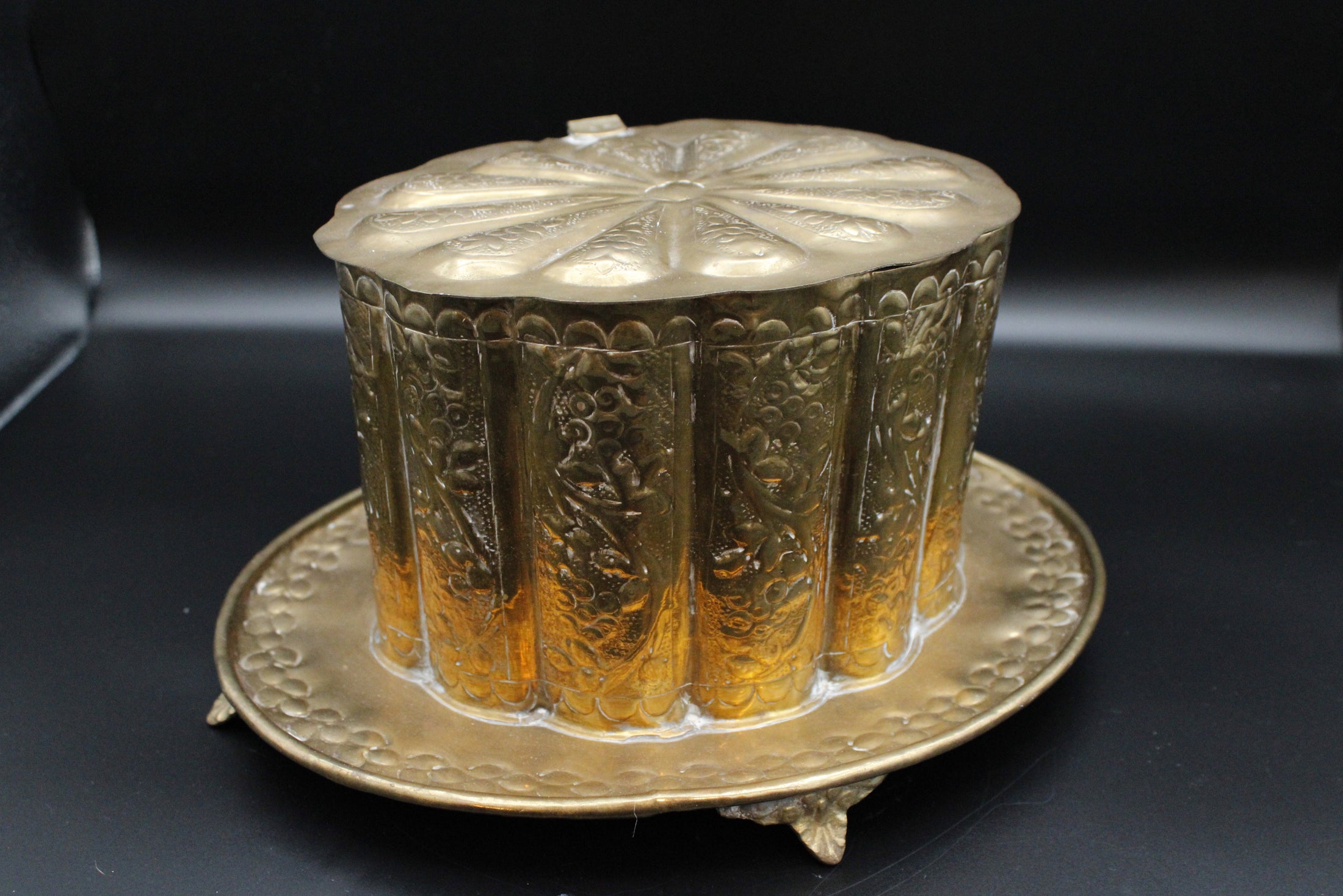 Brass Tea Caddy With Floral Detailing And Attached Footed Plate