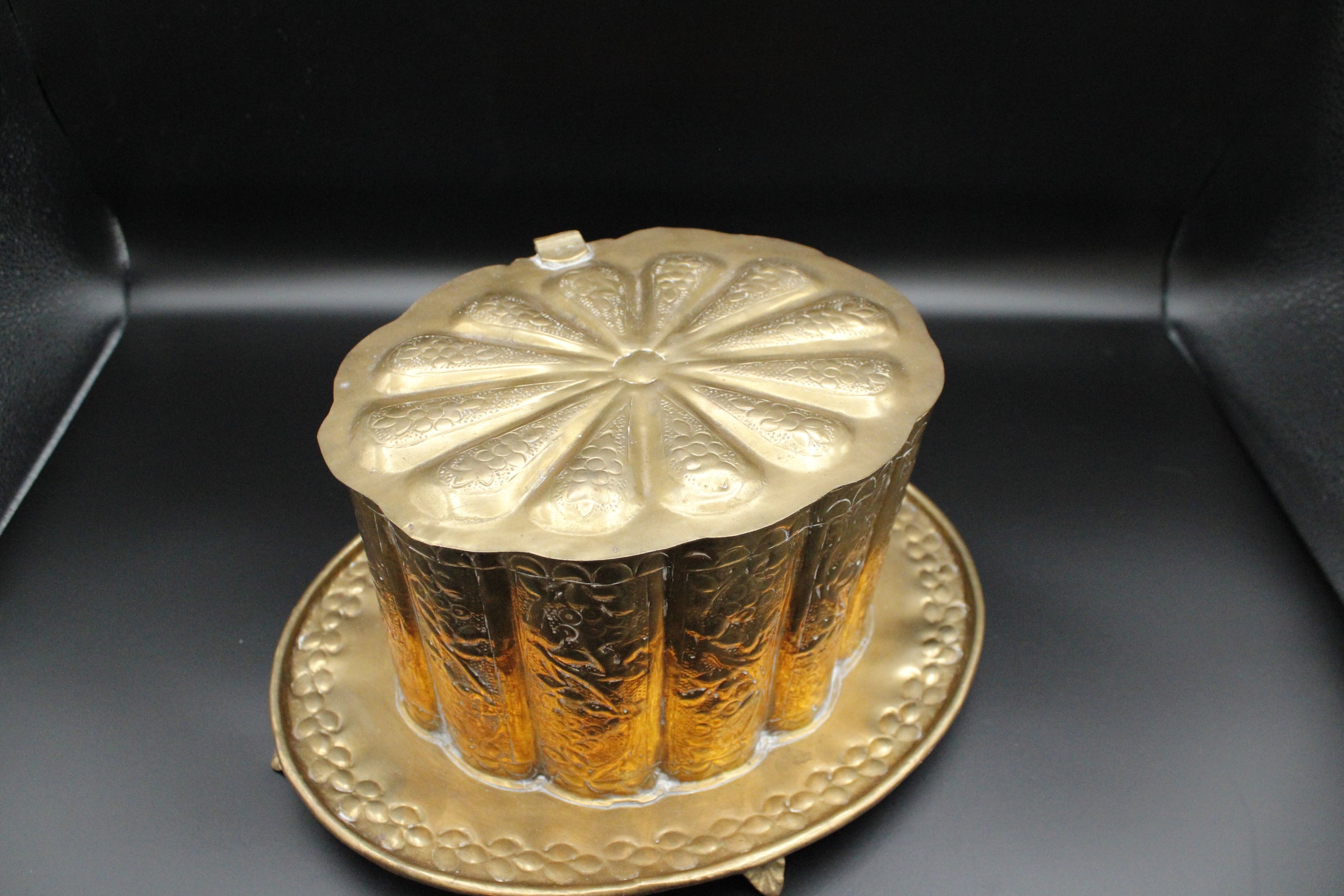 Brass Tea Caddy With Floral Detailing And Attached Footed Plate