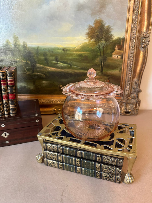 Pink Lidded Depression Glass Jar With Lace Edge Details