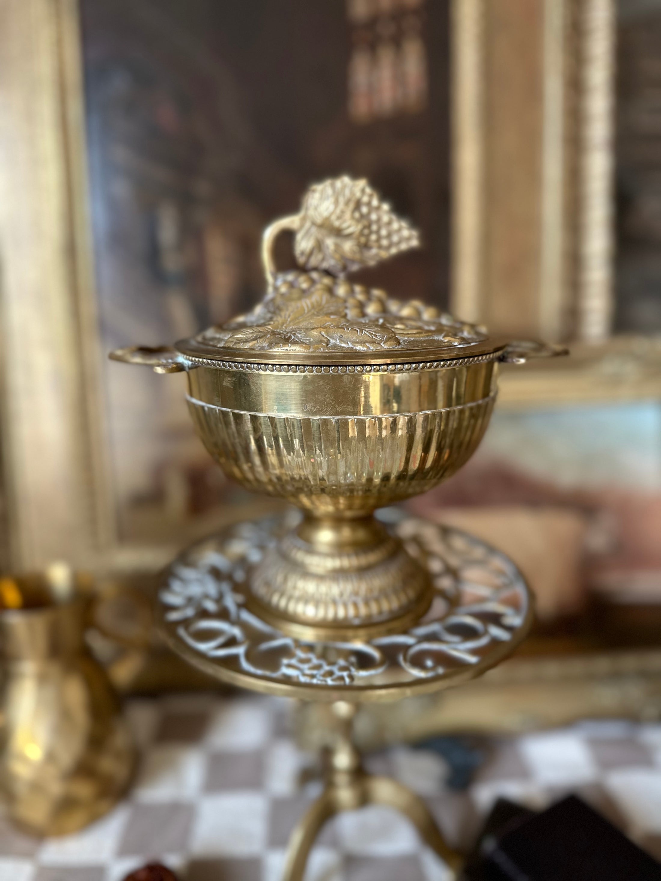 Brass Lidded Compote With Grape Finial