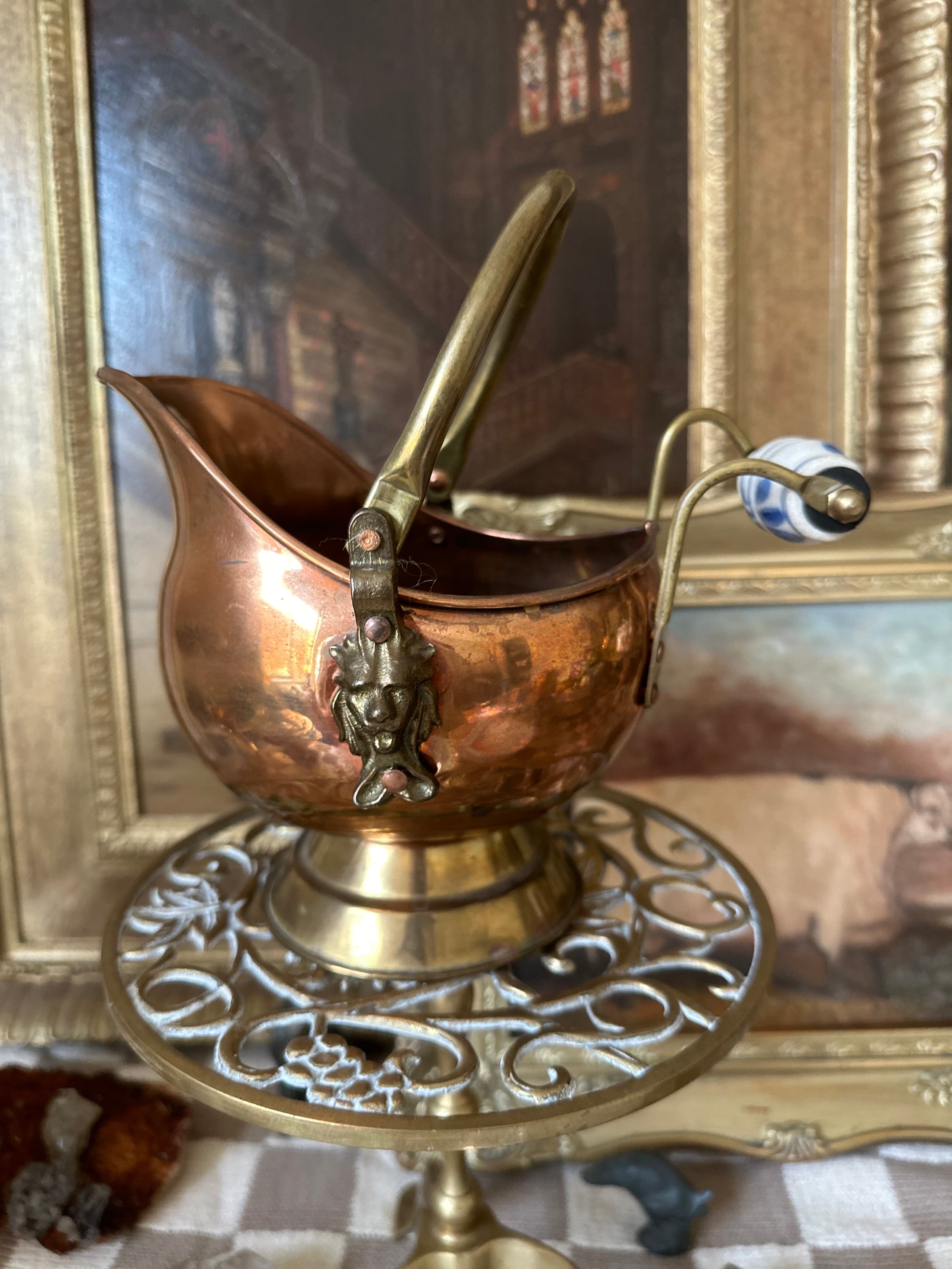 Copper Scuttle With Brass And Porcelain Handles