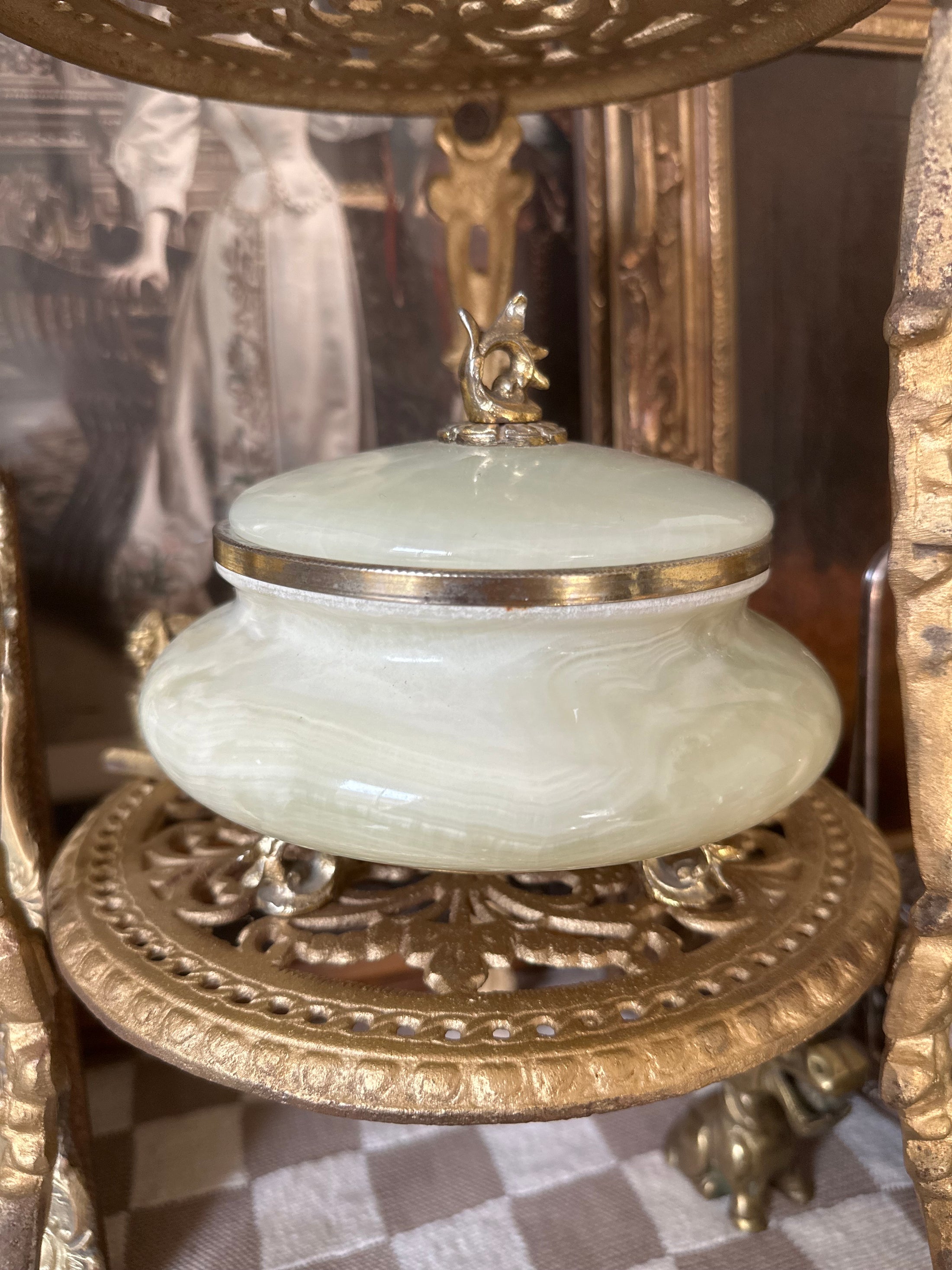 Onyx Lidded Bowl With Brass Finial And Feet