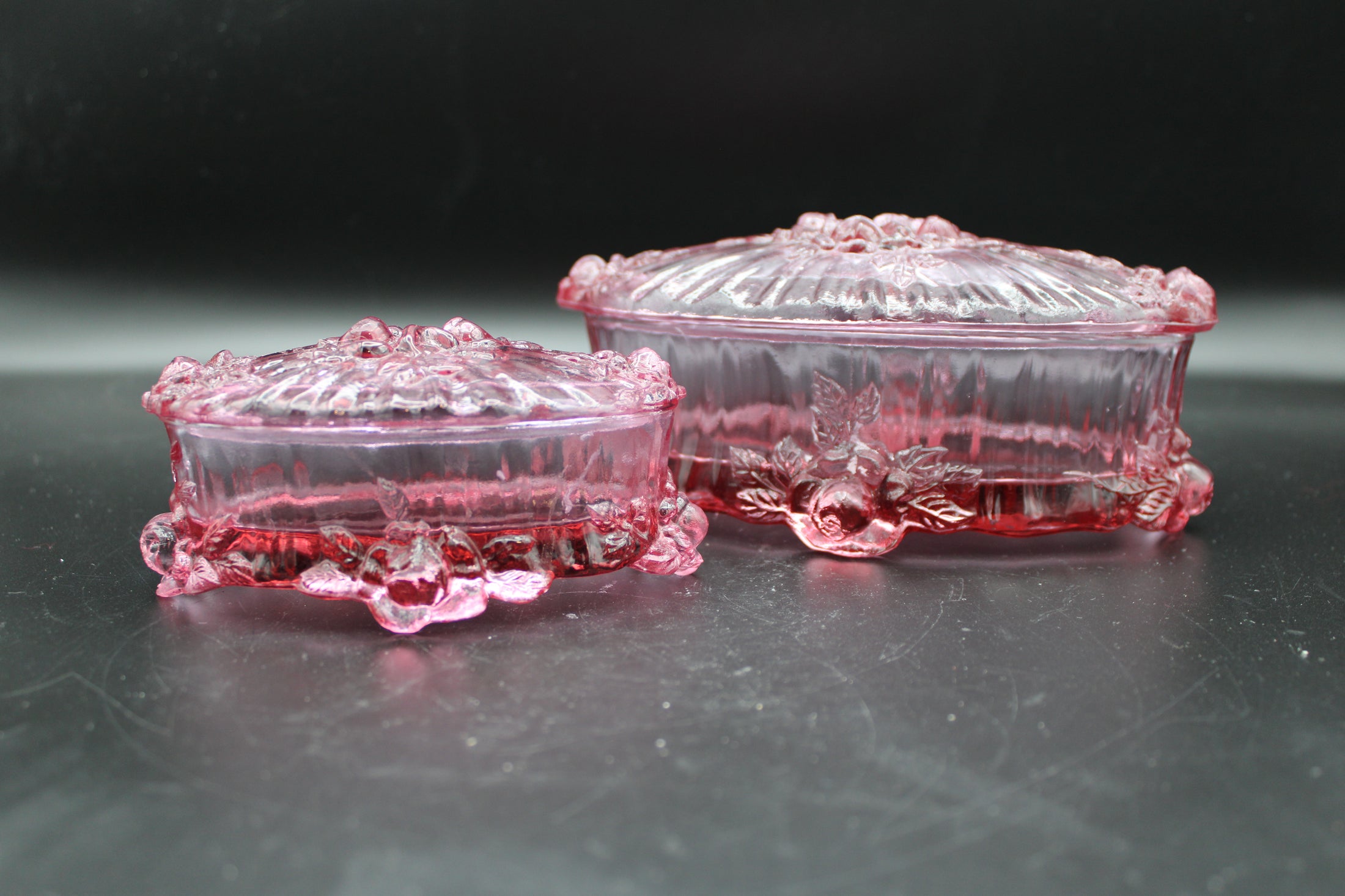 Fenton Dusty Rose Cabbage Rose Lidded Trinket Dish Set