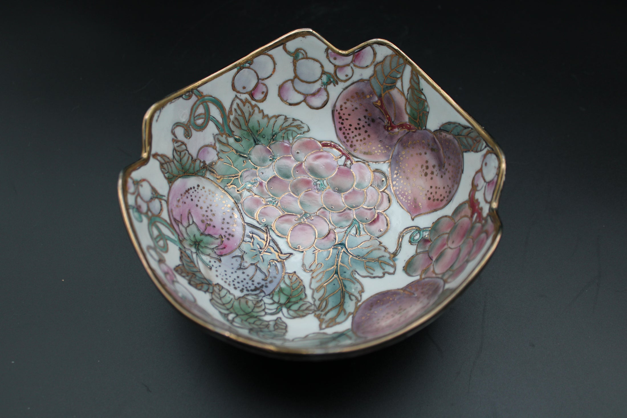 Porcelain Hand Painted Fruit Bowl With Peach and Grape Design