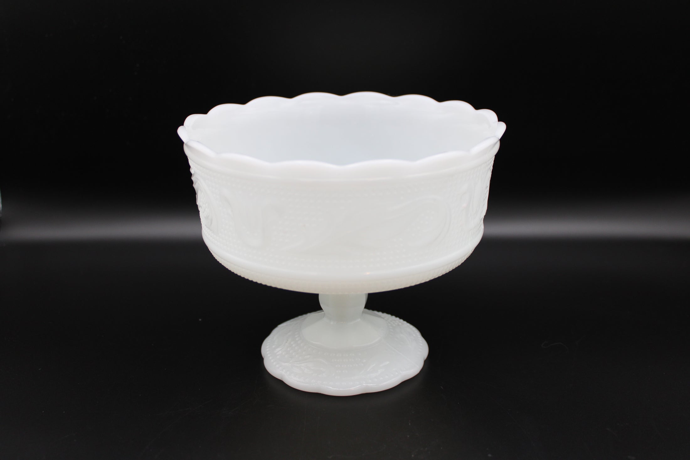 Milk Glass Pedestal Compote Scalloped Edge