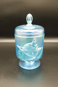 Load image into Gallery viewer, Fenton Blue Iridescent Lidded Compote With Cat
