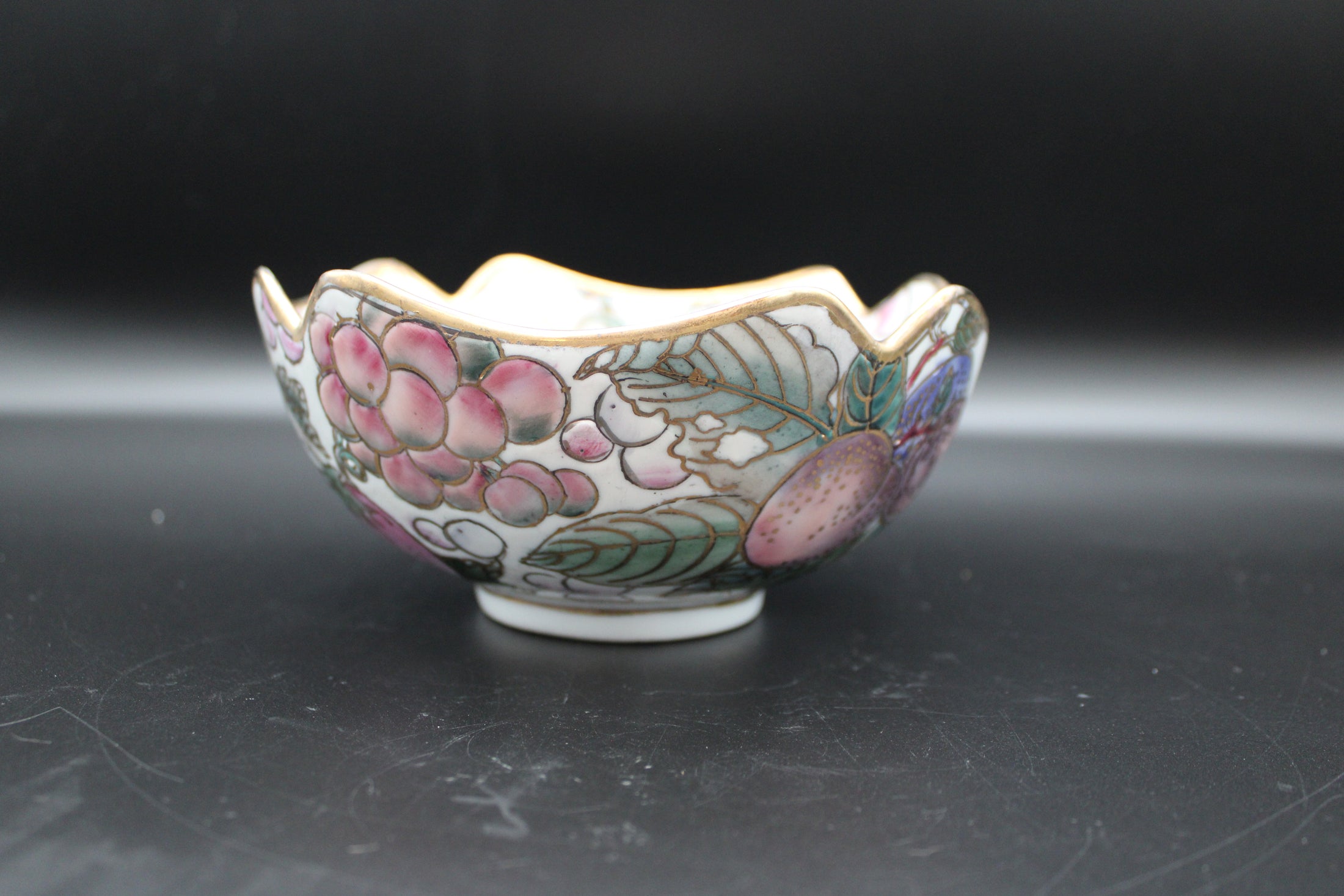 Porcelain Hand Painted Fruit Bowl With Peach and Grape Design