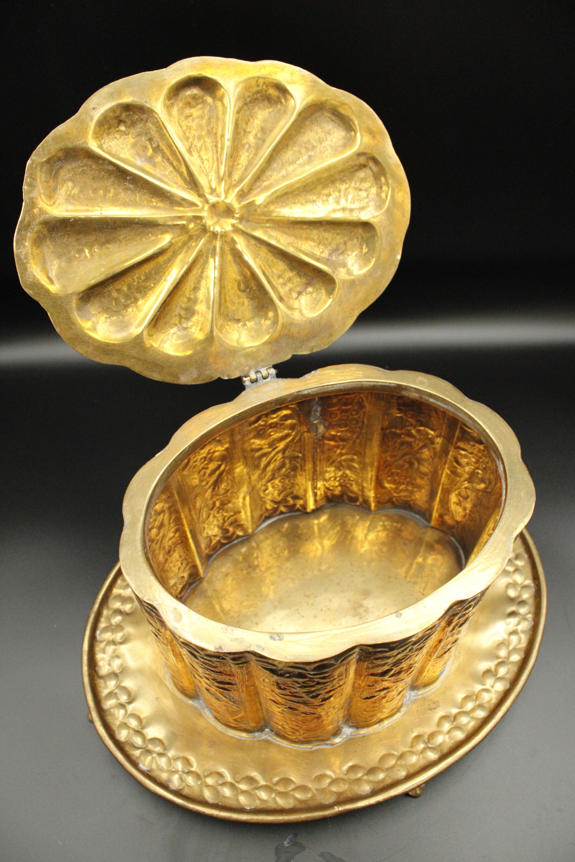 Brass Tea Caddy With Floral Detailing And Attached Footed Plate