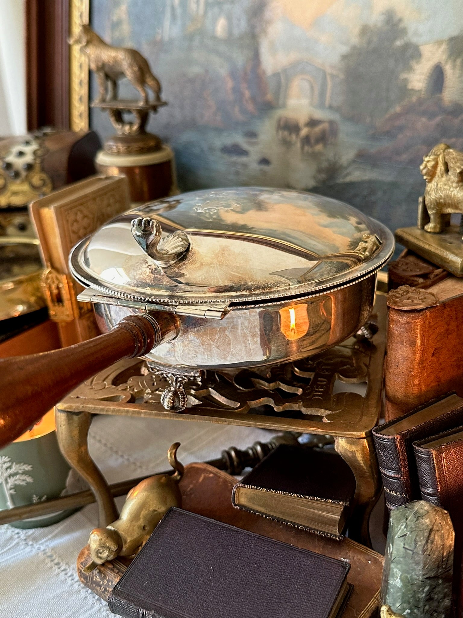 Silver Plated Round Silent Butler With Horse Etching, Paw Feet, & Wooden Handle