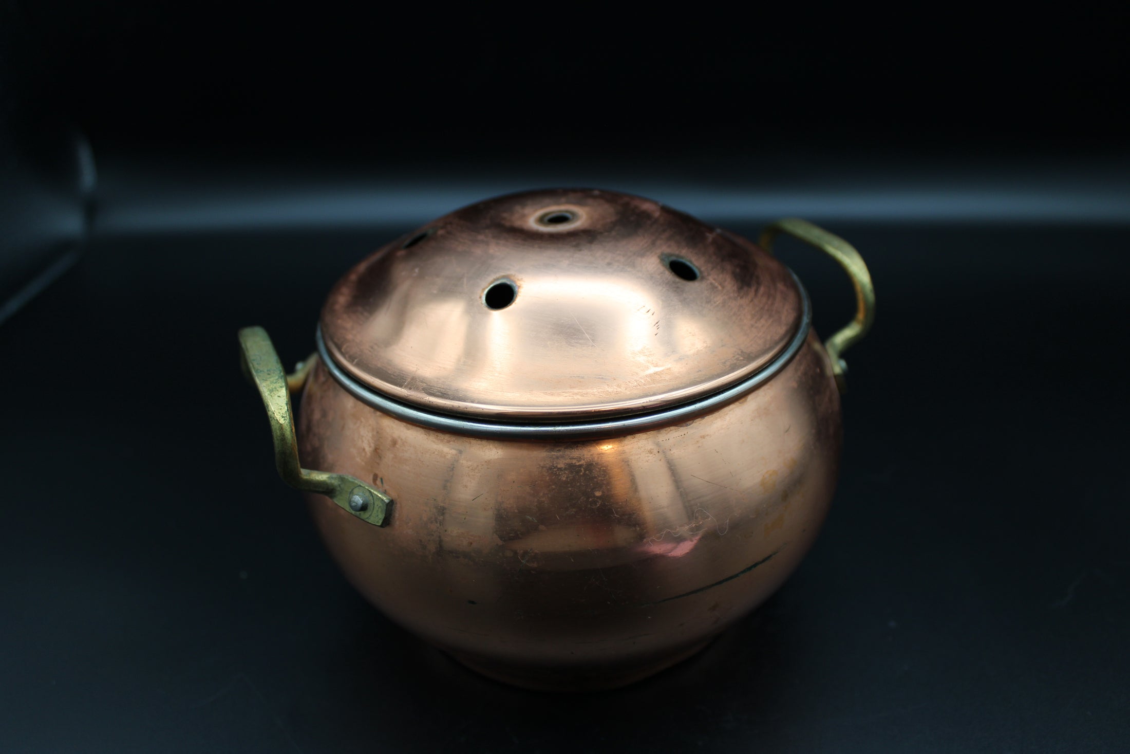 Copper Lidded Smudge Pot With Handles and Vented Lid