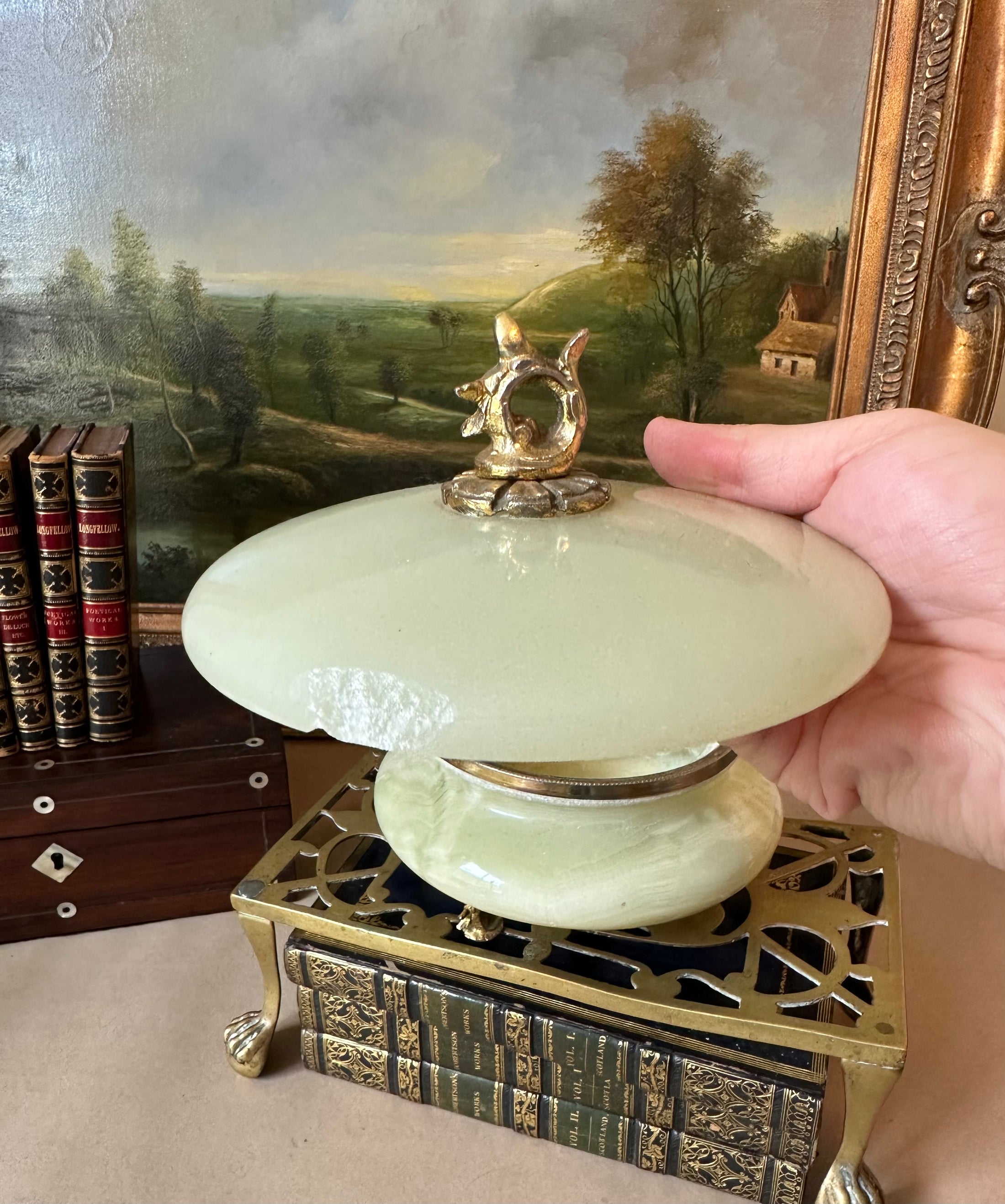 Onyx Lidded Bowl With Brass Finial And Feet