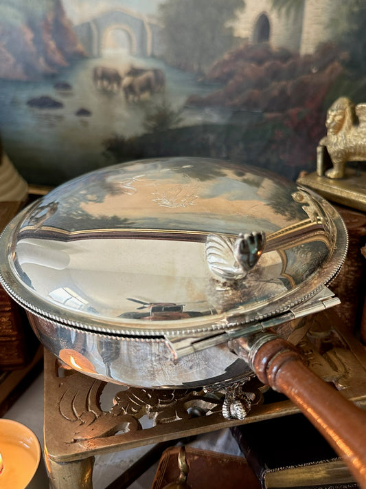 Silver Plated Round Silent Butler With Horse Etching, Paw Feet, & Wooden Handle