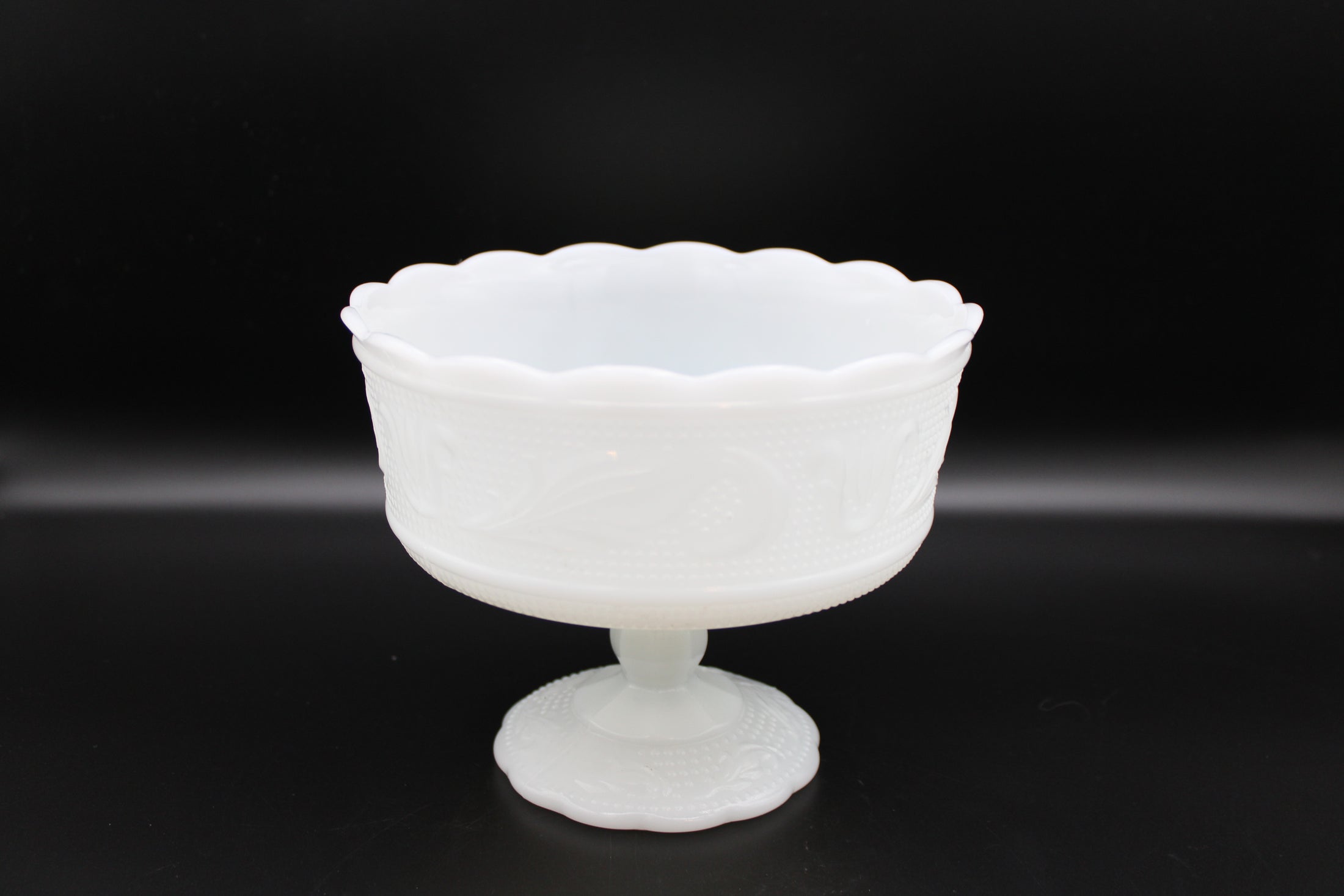 Milk Glass Pedestal Compote Scalloped Edge