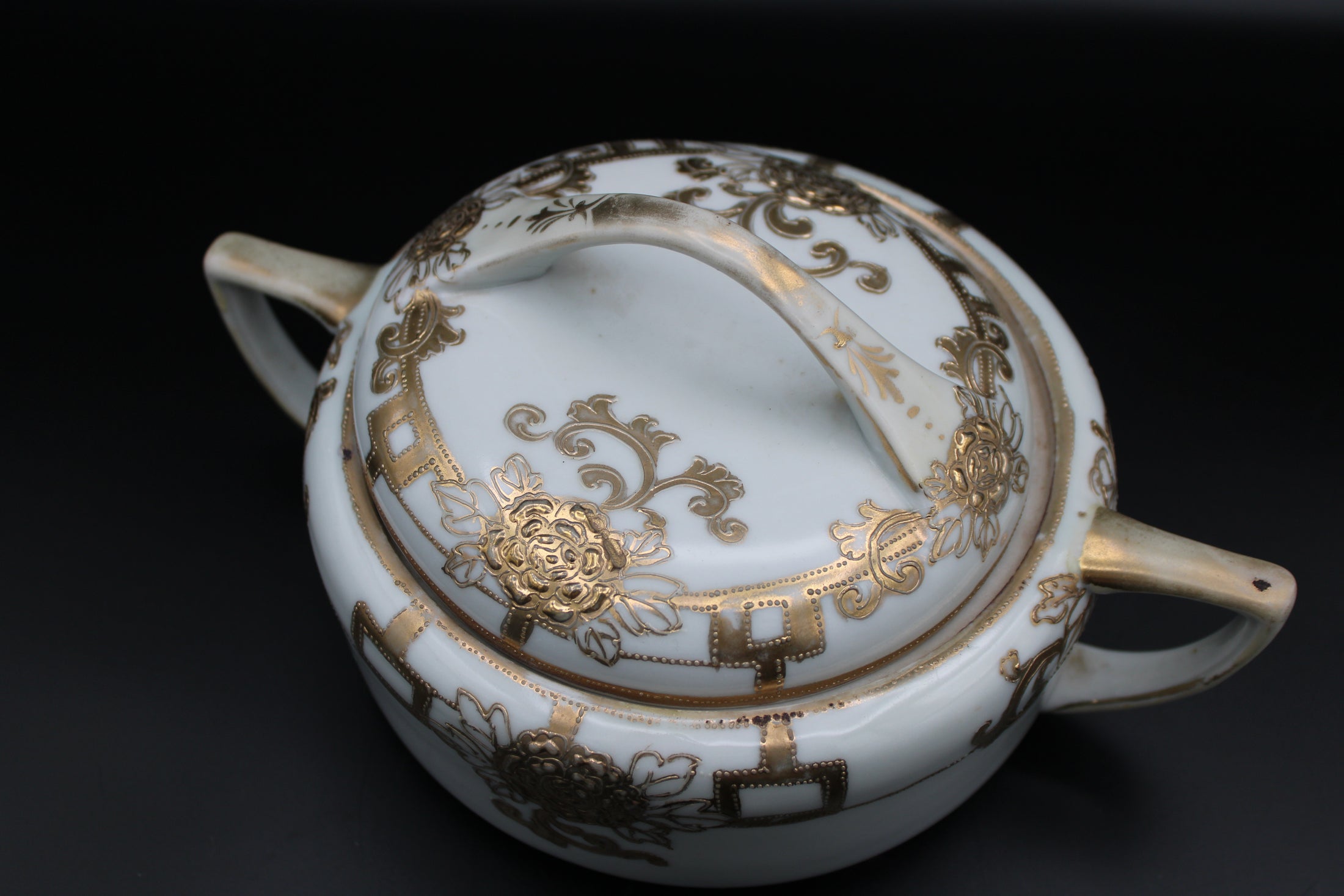 White Ceramic Lidded Server With Gold Foil Floral Detailing