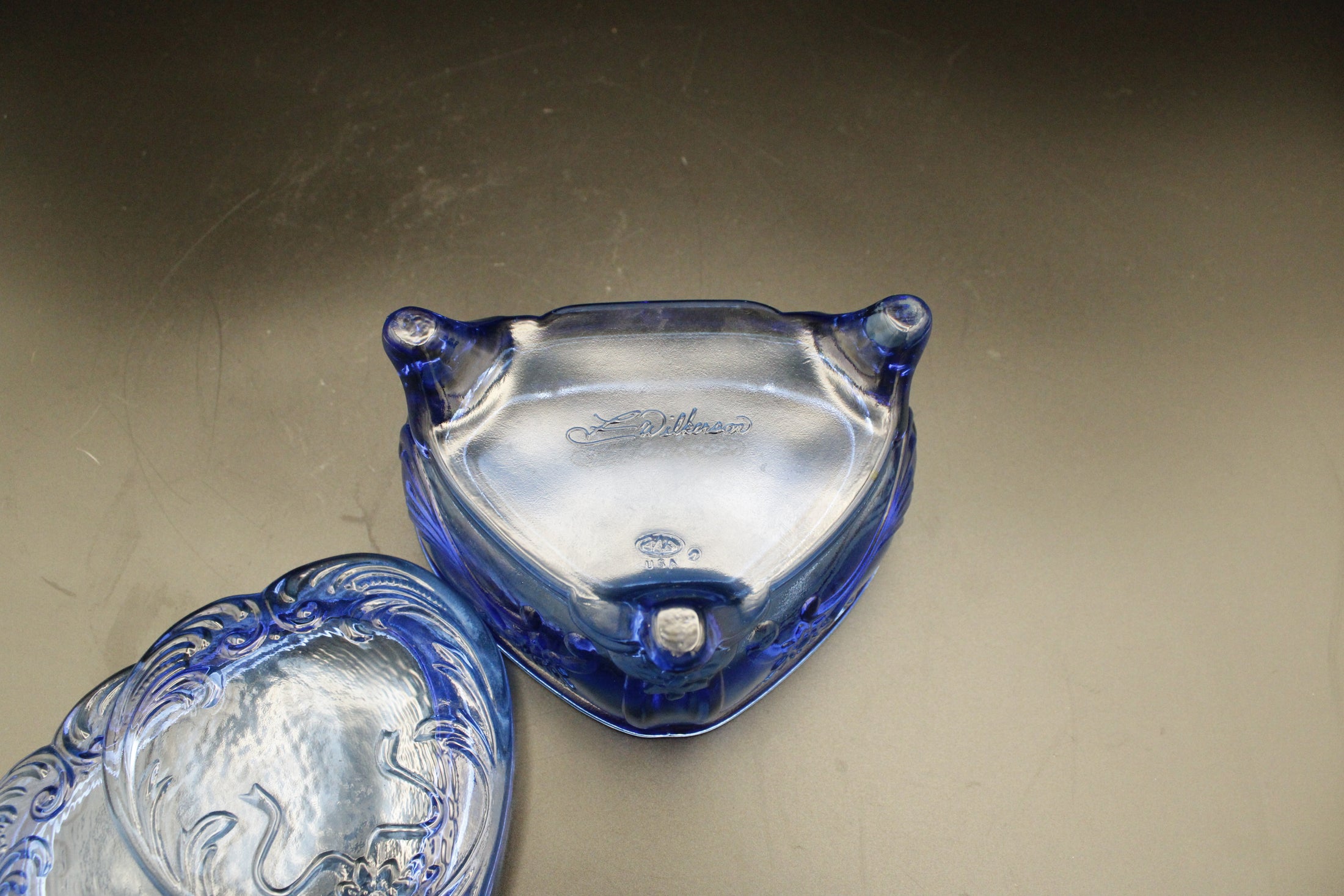 Blue Uranium Glass Heart Shaped Lidded Footed Trinket Dish