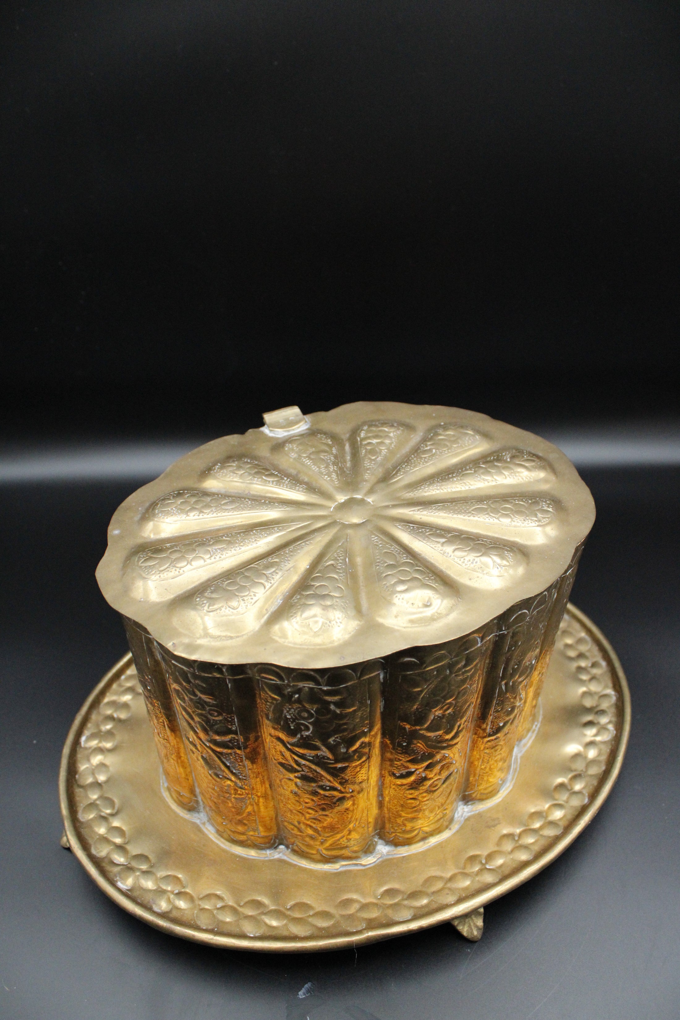 Brass Tea Caddy With Floral Detailing And Attached Footed Plate