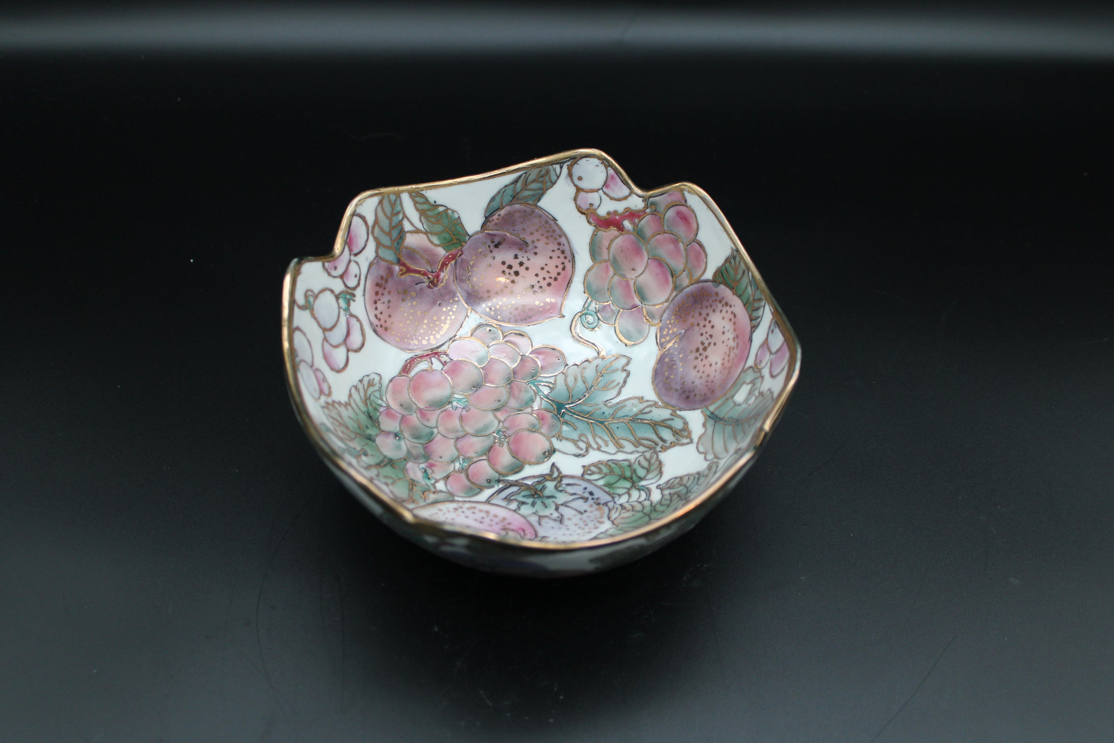 Porcelain Hand Painted Fruit Bowl With Peach and Grape Design