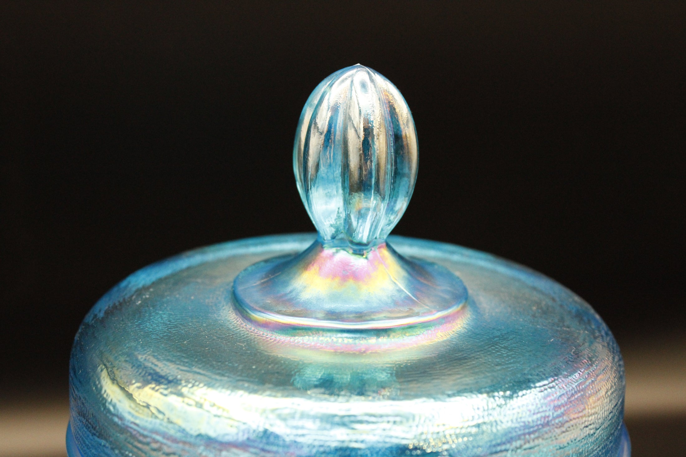 Fenton Blue Iridescent Lidded Compote With Cat