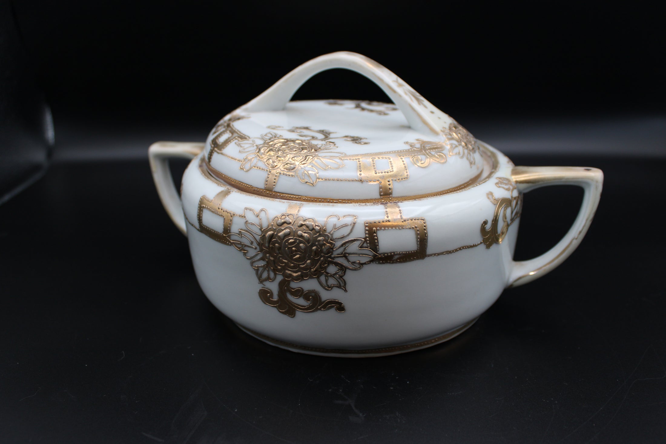 White Ceramic Lidded Server With Gold Foil Floral Detailing