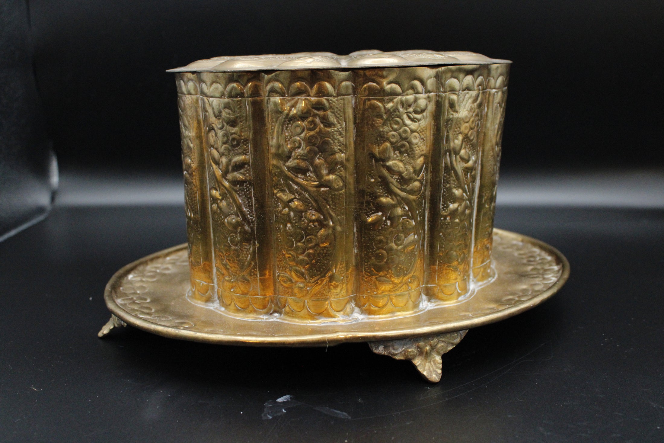 Brass Tea Caddy With Floral Detailing And Attached Footed Plate