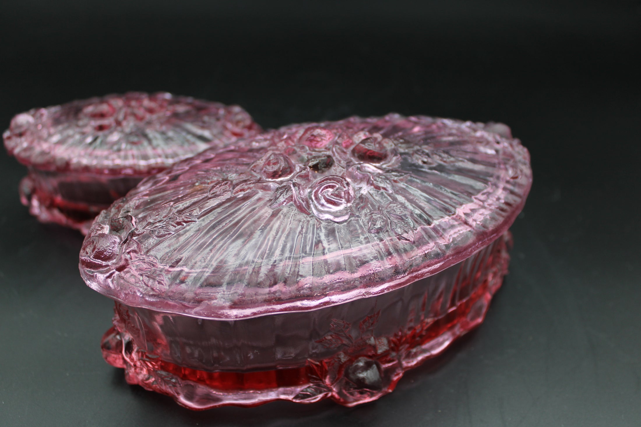 Fenton Dusty Rose Cabbage Rose Lidded Trinket Dish Set