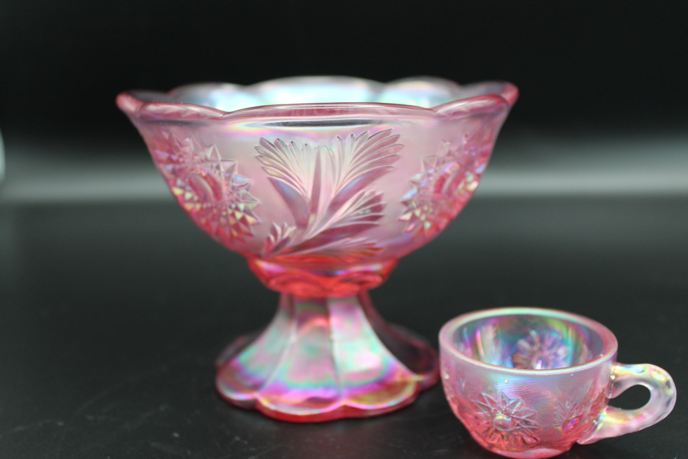 Fenton Pink Iridescent Star Flower Compote With Matching Cup