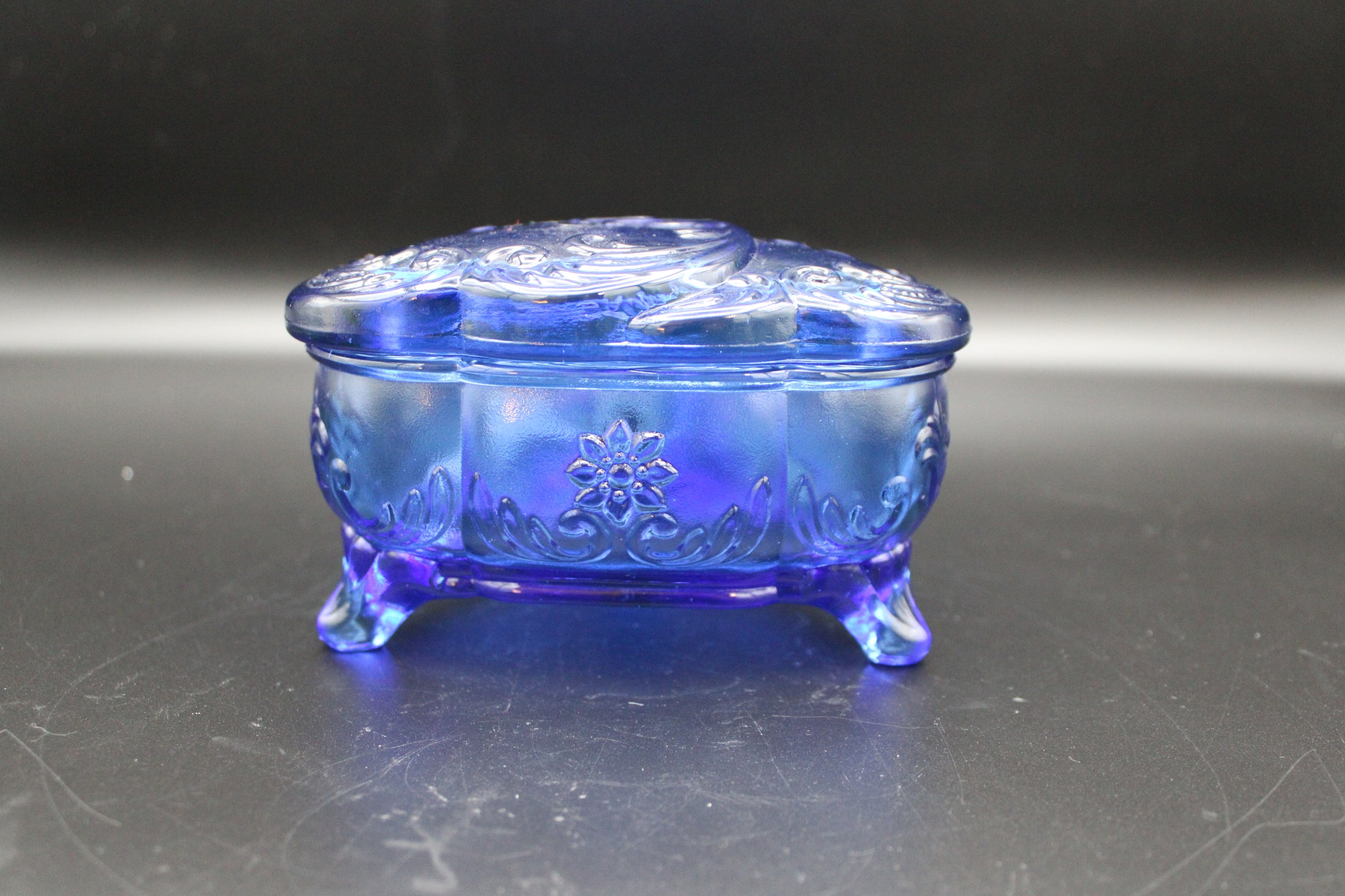 Blue Uranium Glass Heart Shaped Lidded Footed Trinket Dish