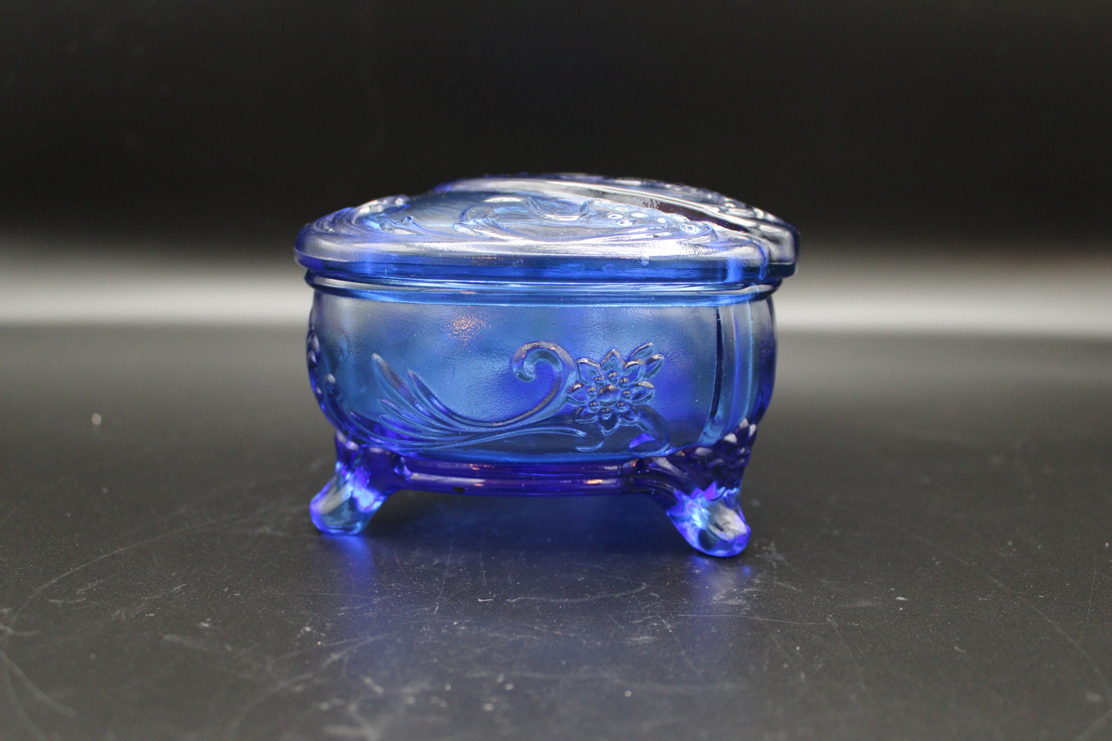 Blue Uranium Glass Heart Shaped Lidded Footed Trinket Dish