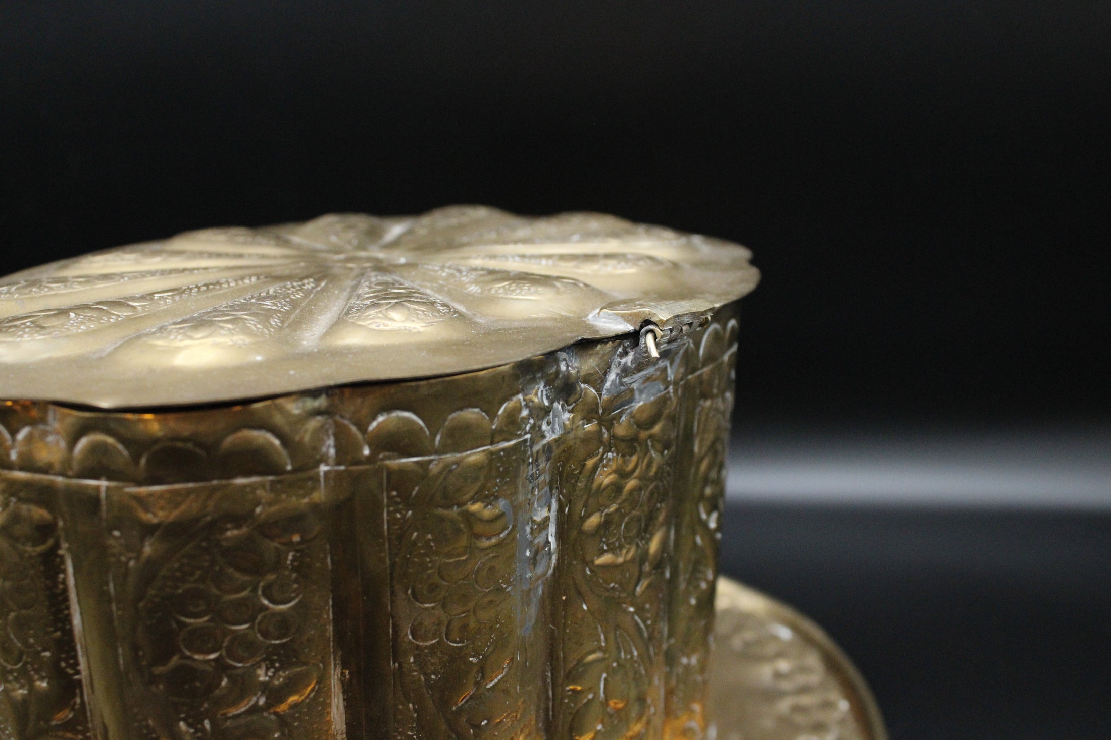 Brass Tea Caddy With Floral Detailing And Attached Footed Plate