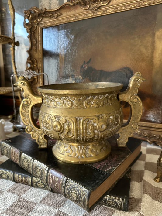 Heavy Cast Metal Bowl With Bird Handles