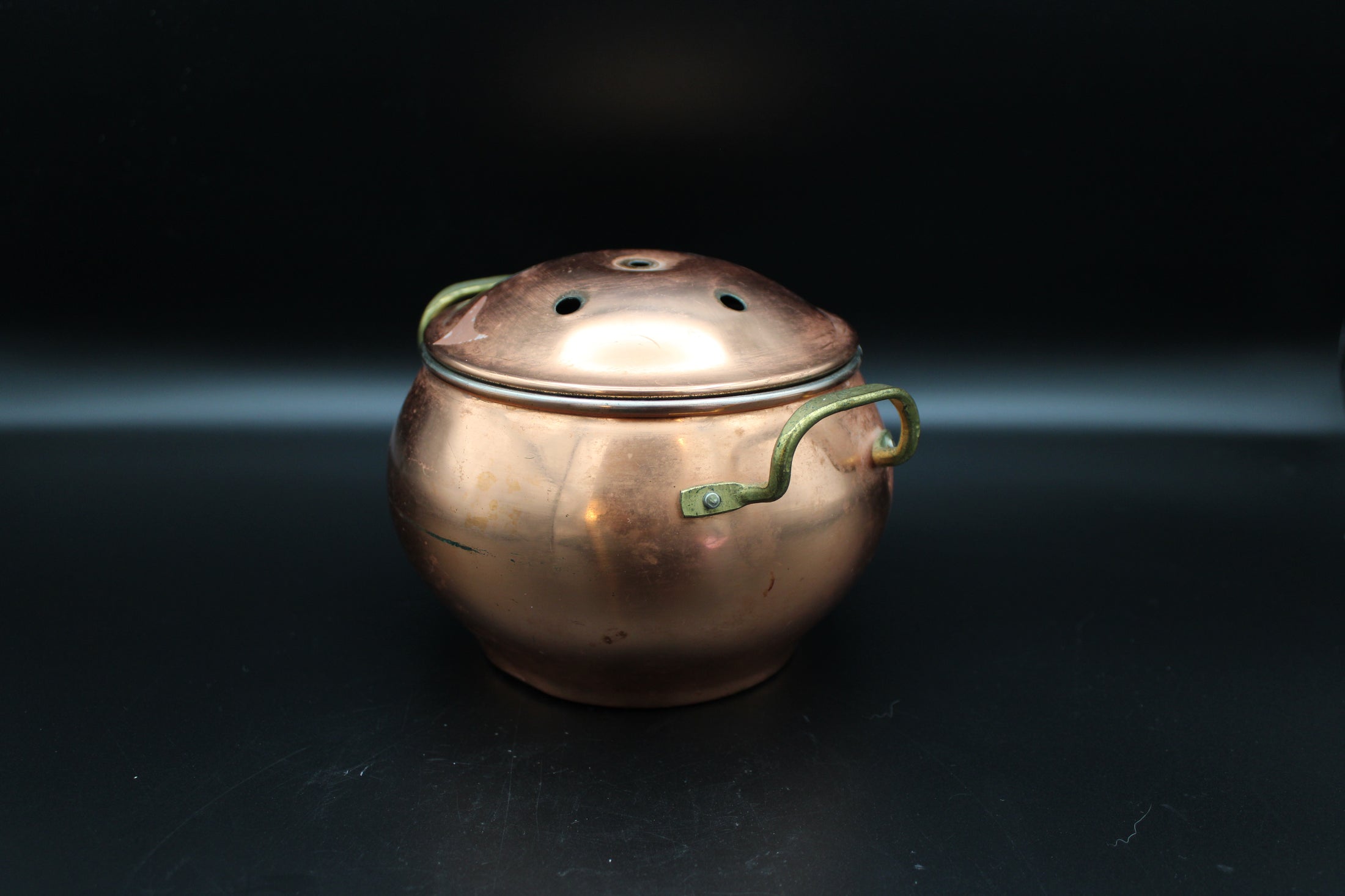 Copper Lidded Smudge Pot With Handles and Vented Lid