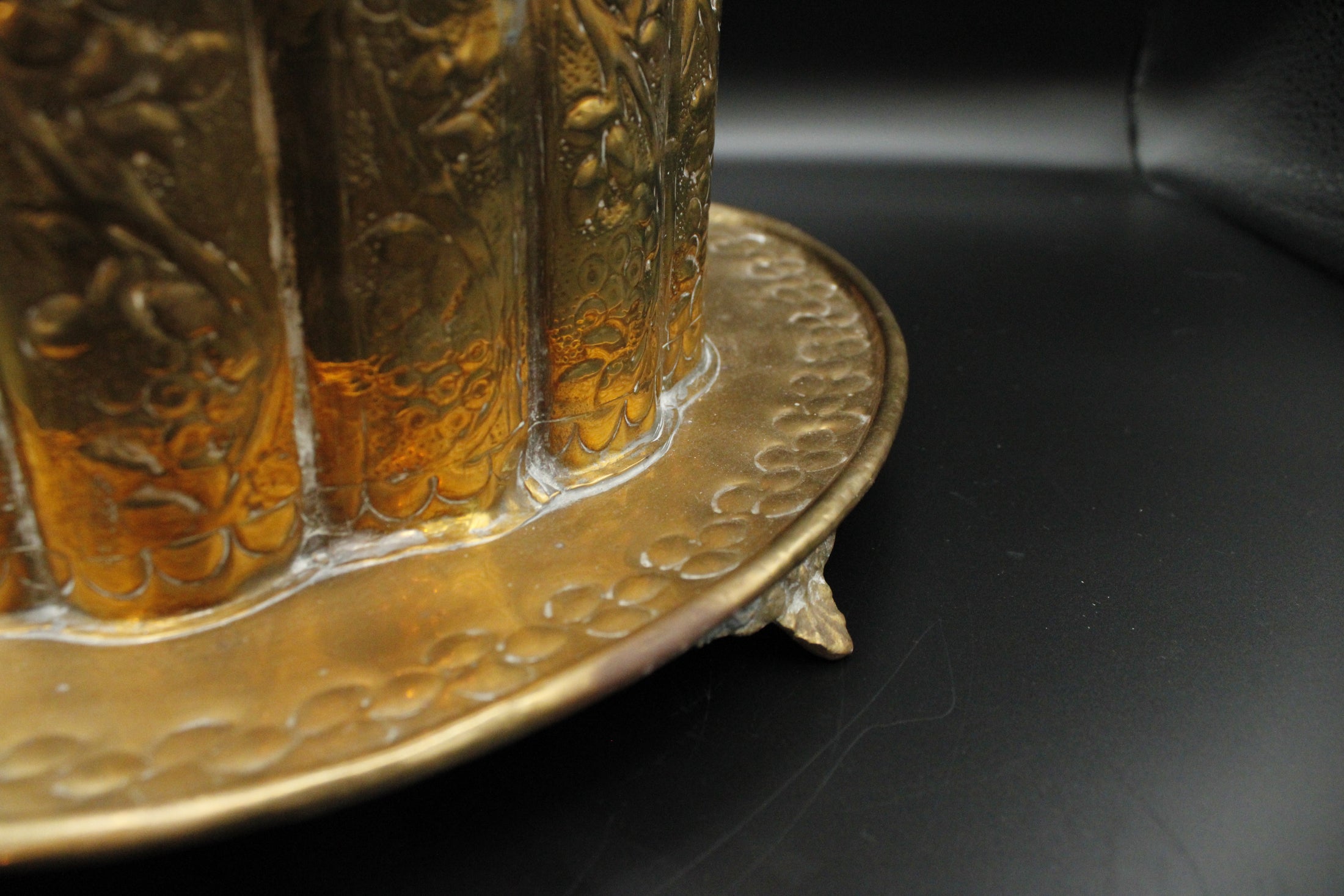 Brass Tea Caddy With Floral Detailing And Attached Footed Plate