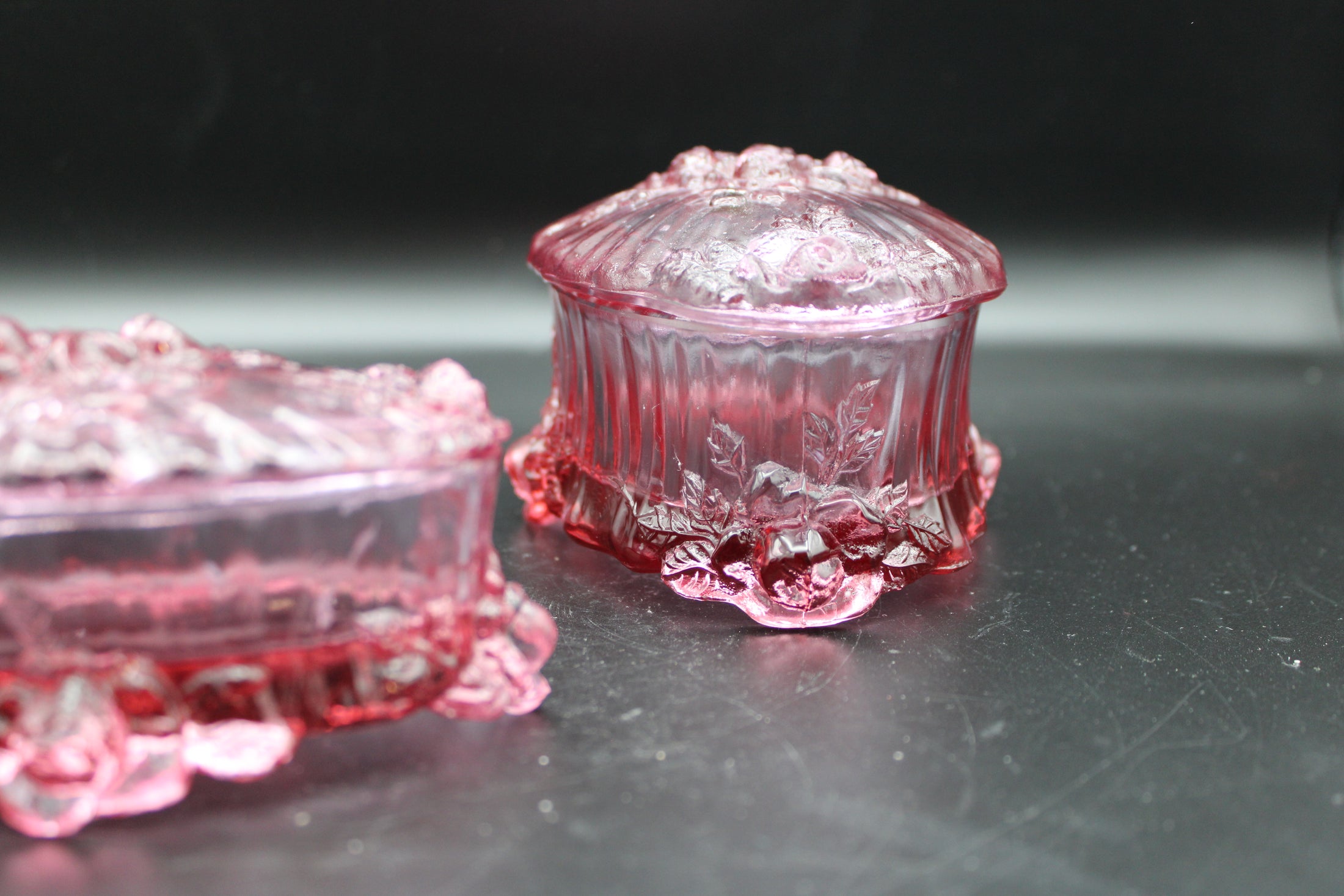 Fenton Dusty Rose Cabbage Rose Lidded Trinket Dish Set