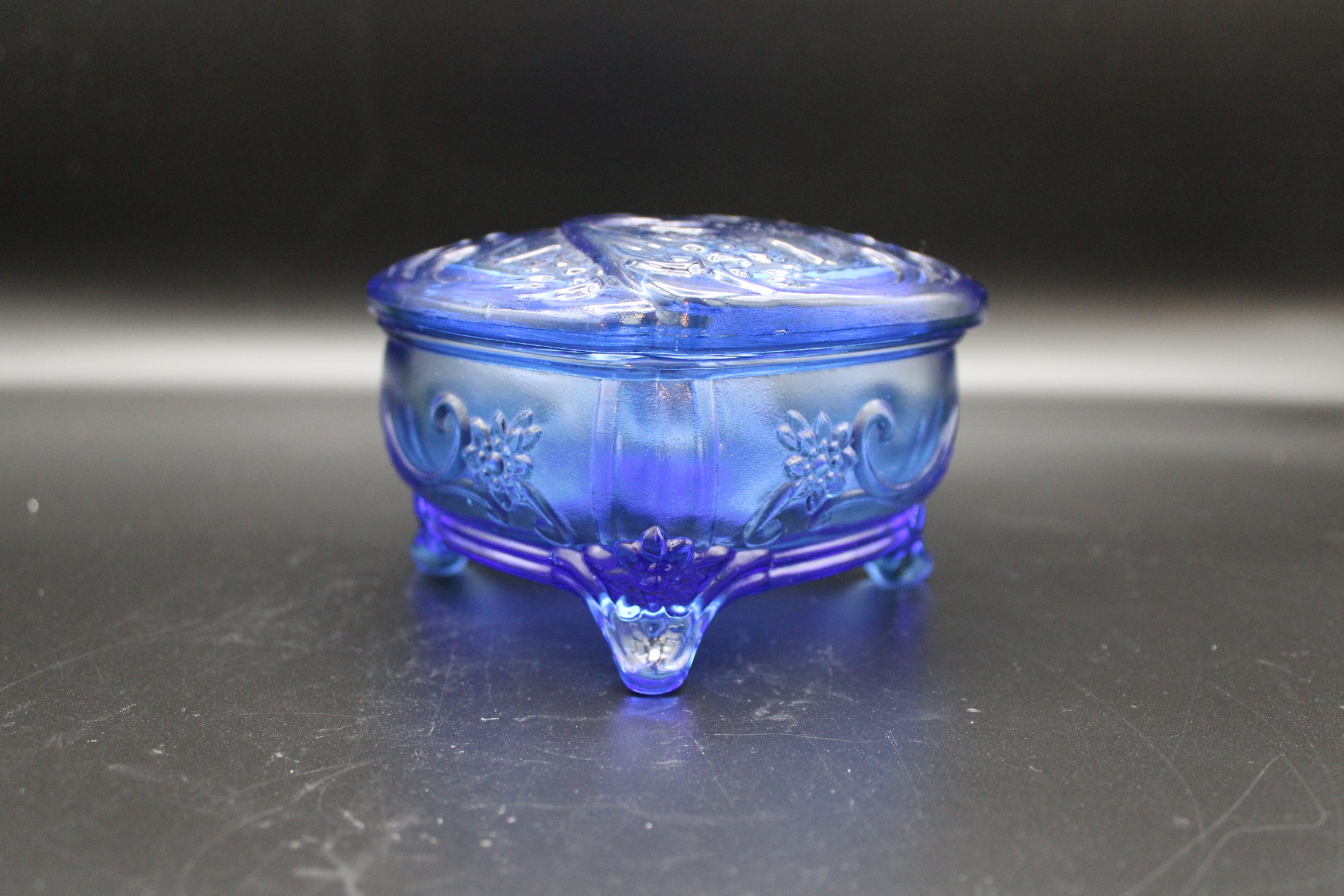 Blue Uranium Glass Heart Shaped Lidded Footed Trinket Dish