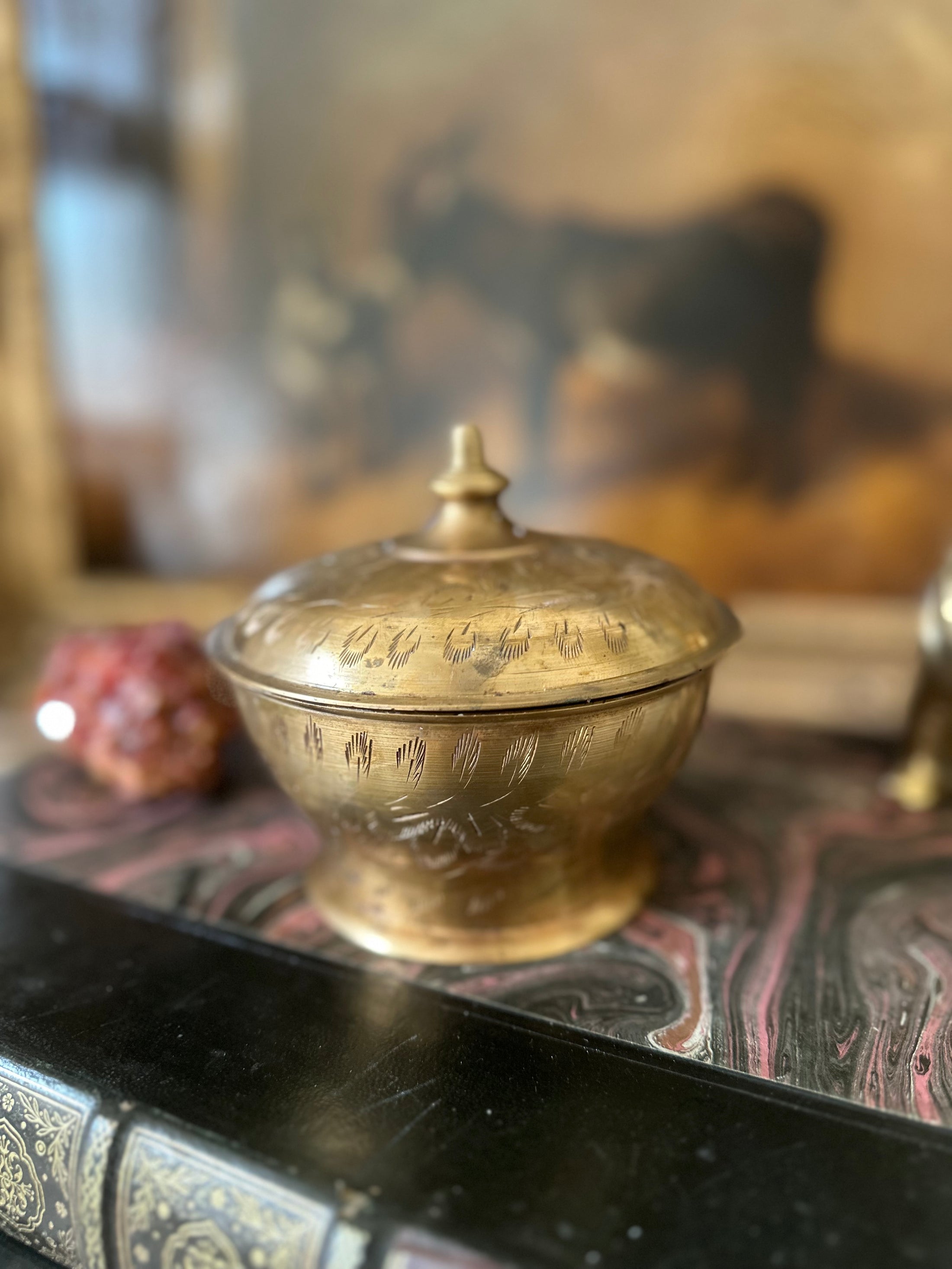 Brass Lidded Bowl With Etched Detailing