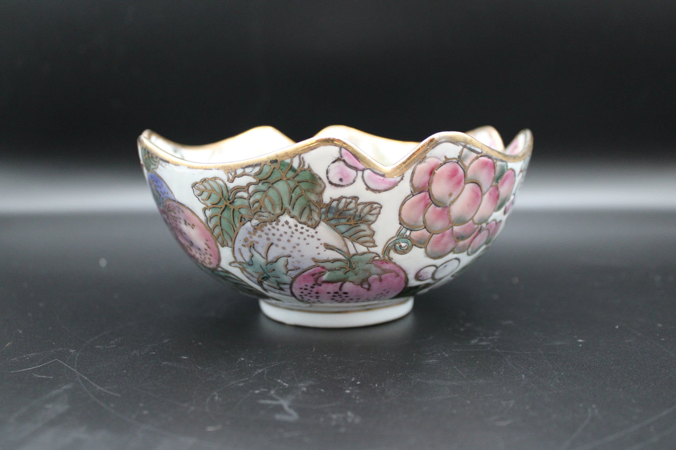 Porcelain Hand Painted Fruit Bowl With Peach and Grape Design