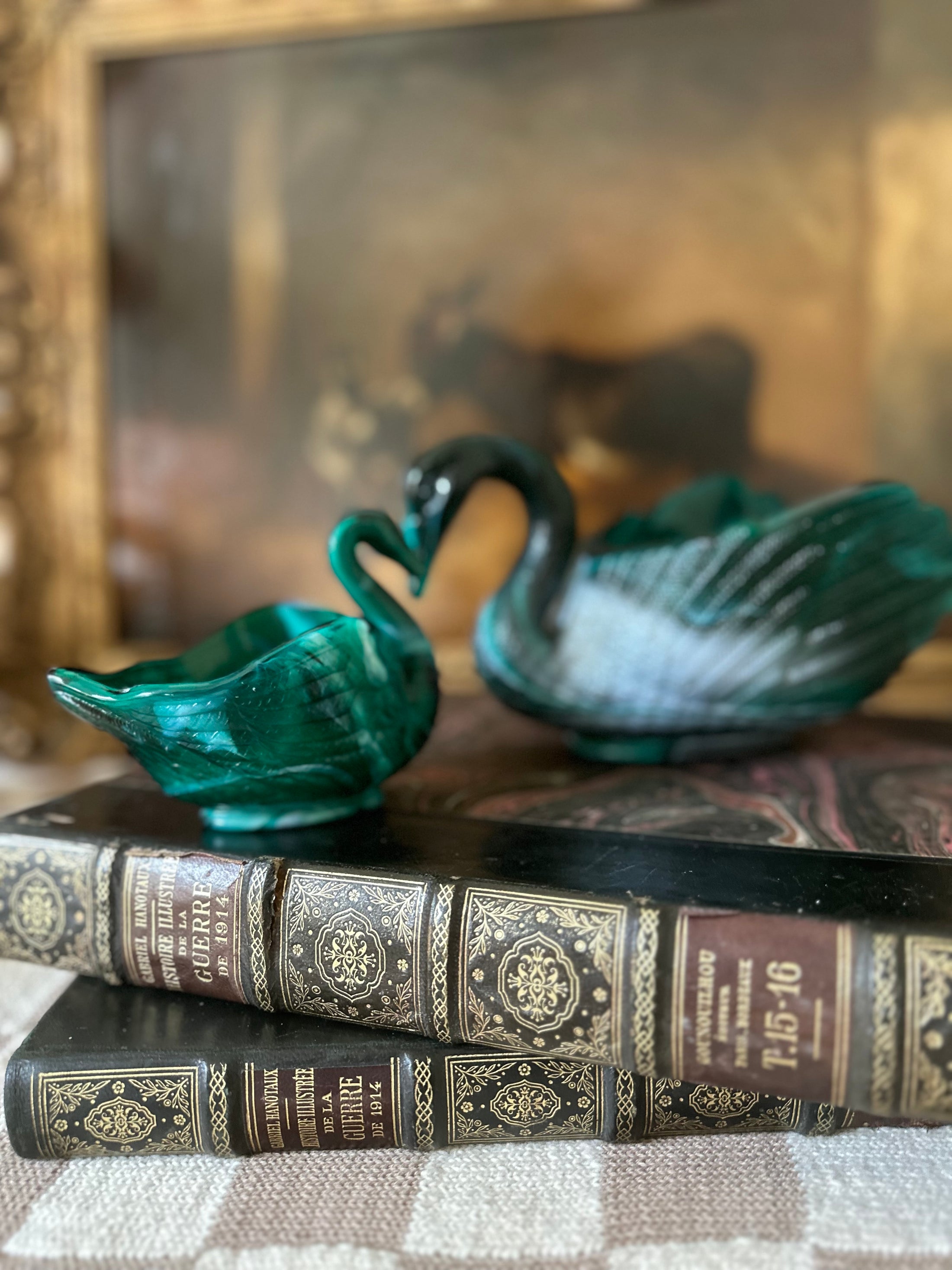 Imperial Green Slag Glass Swan Mom And Baby Bowls