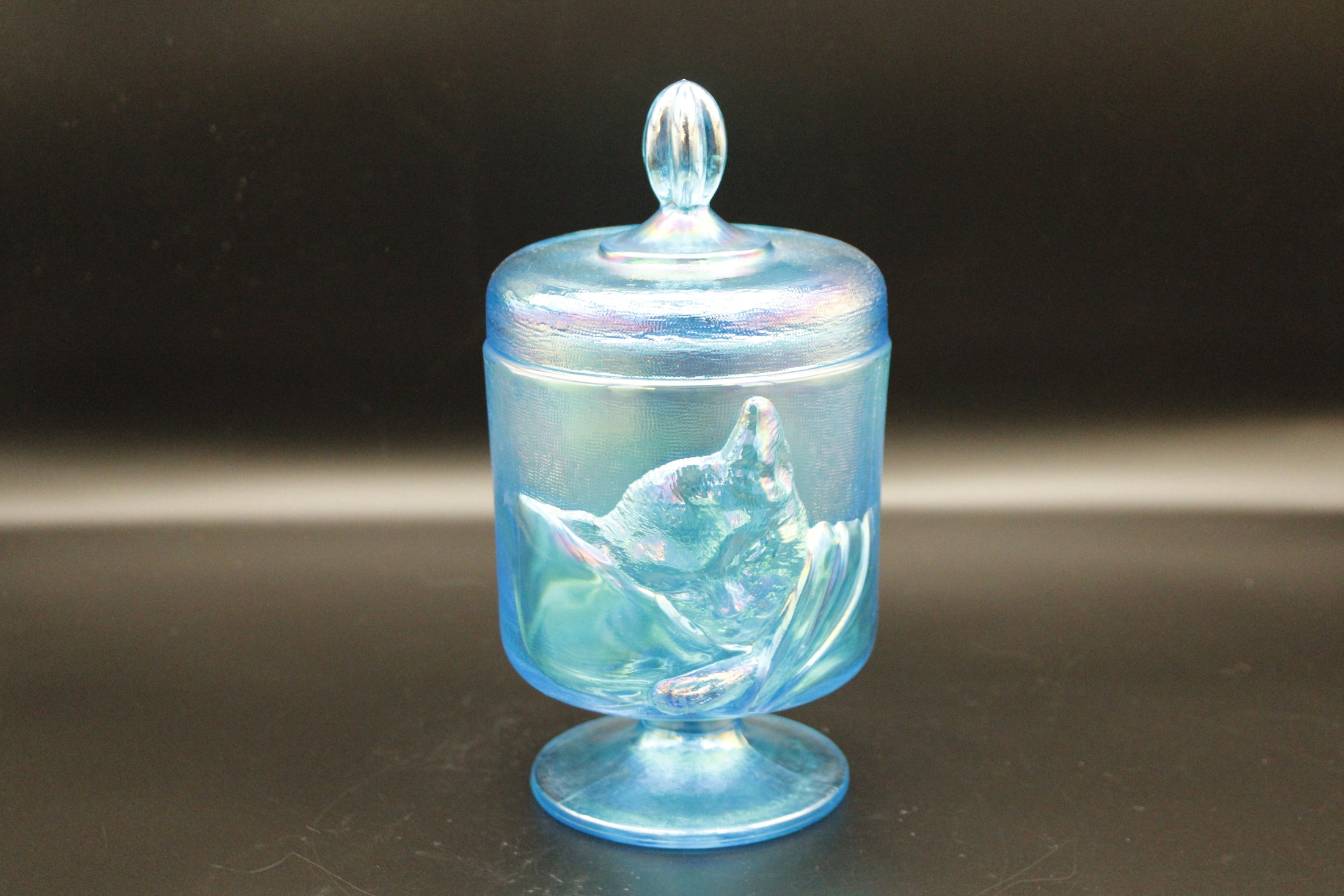 Fenton Blue Iridescent Lidded Compote With Cat