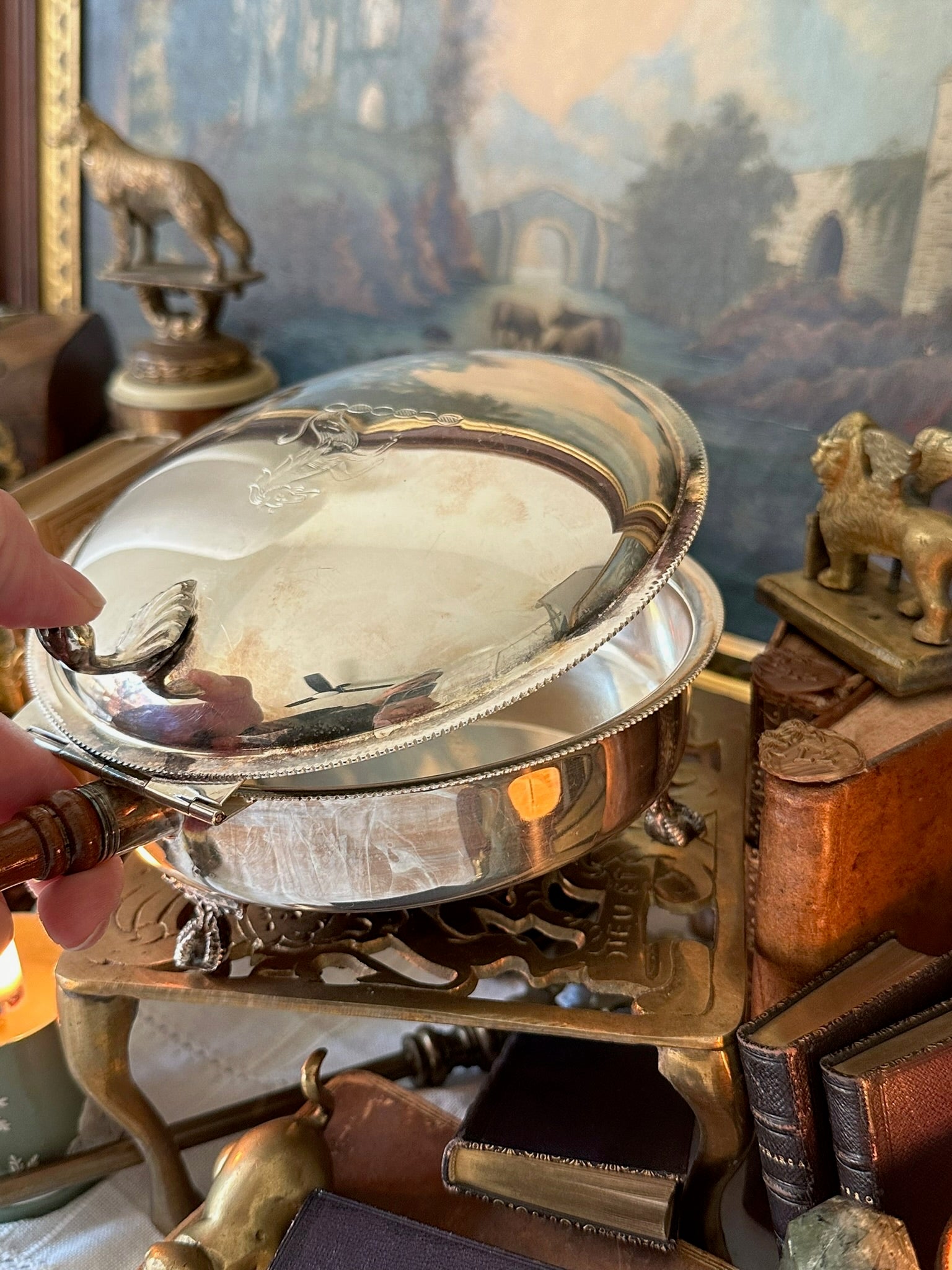 Silver Plated Round Silent Butler With Horse Etching, Paw Feet, & Wooden Handle