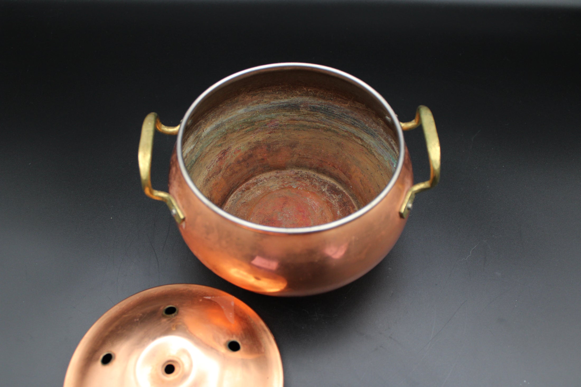 Copper Lidded Smudge Pot With Handles and Vented Lid