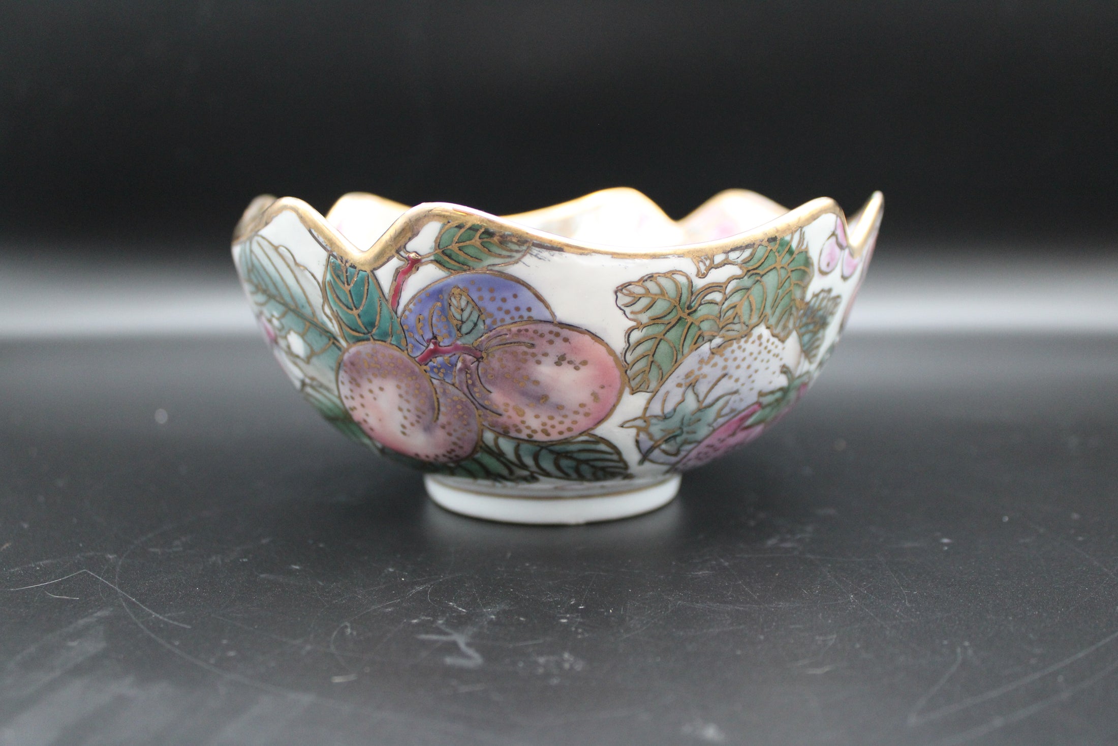 Porcelain Hand Painted Fruit Bowl With Peach and Grape Design